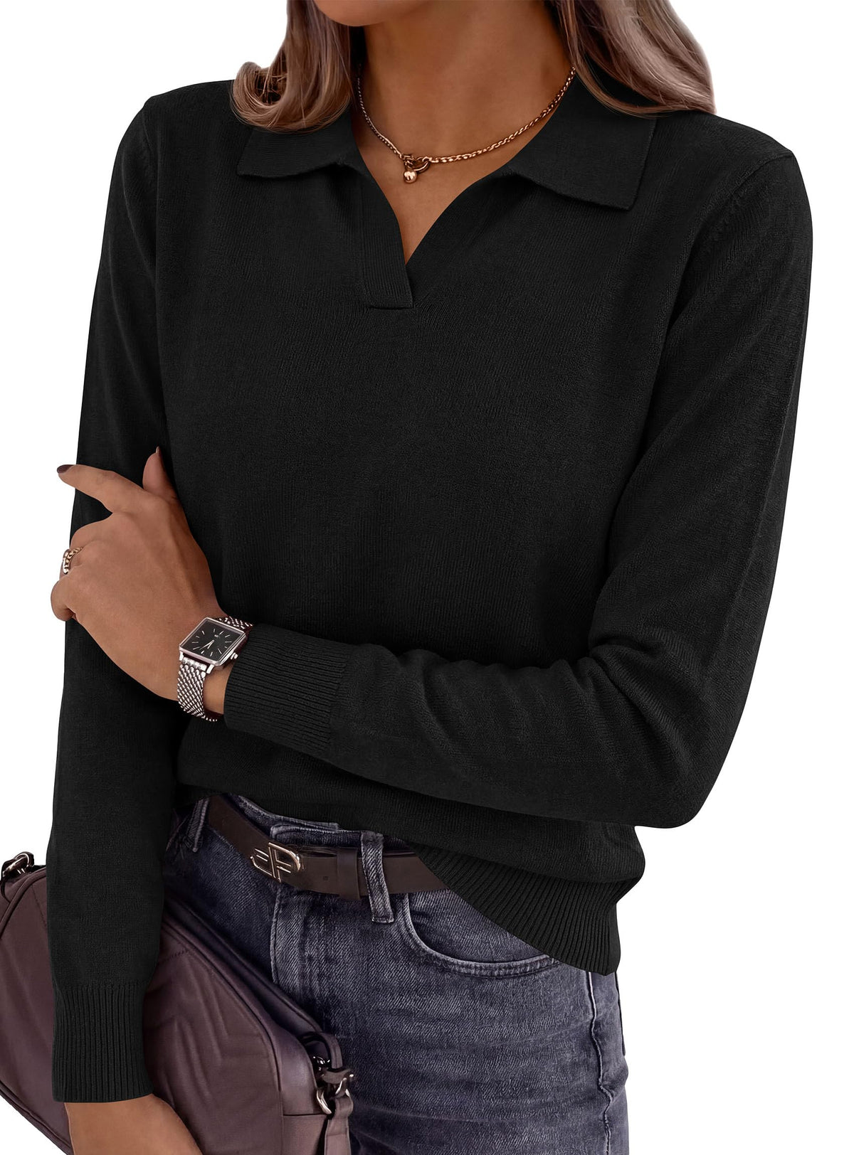 PRETTYGARDEN Womens Long Sleeve Collared Polo Sweater | Breathable Soft Ribbed Knit, Lapel V Neck Pullover Sweaters, Business Casual Work Office Tops, 2026 Trendy Fall Outfits