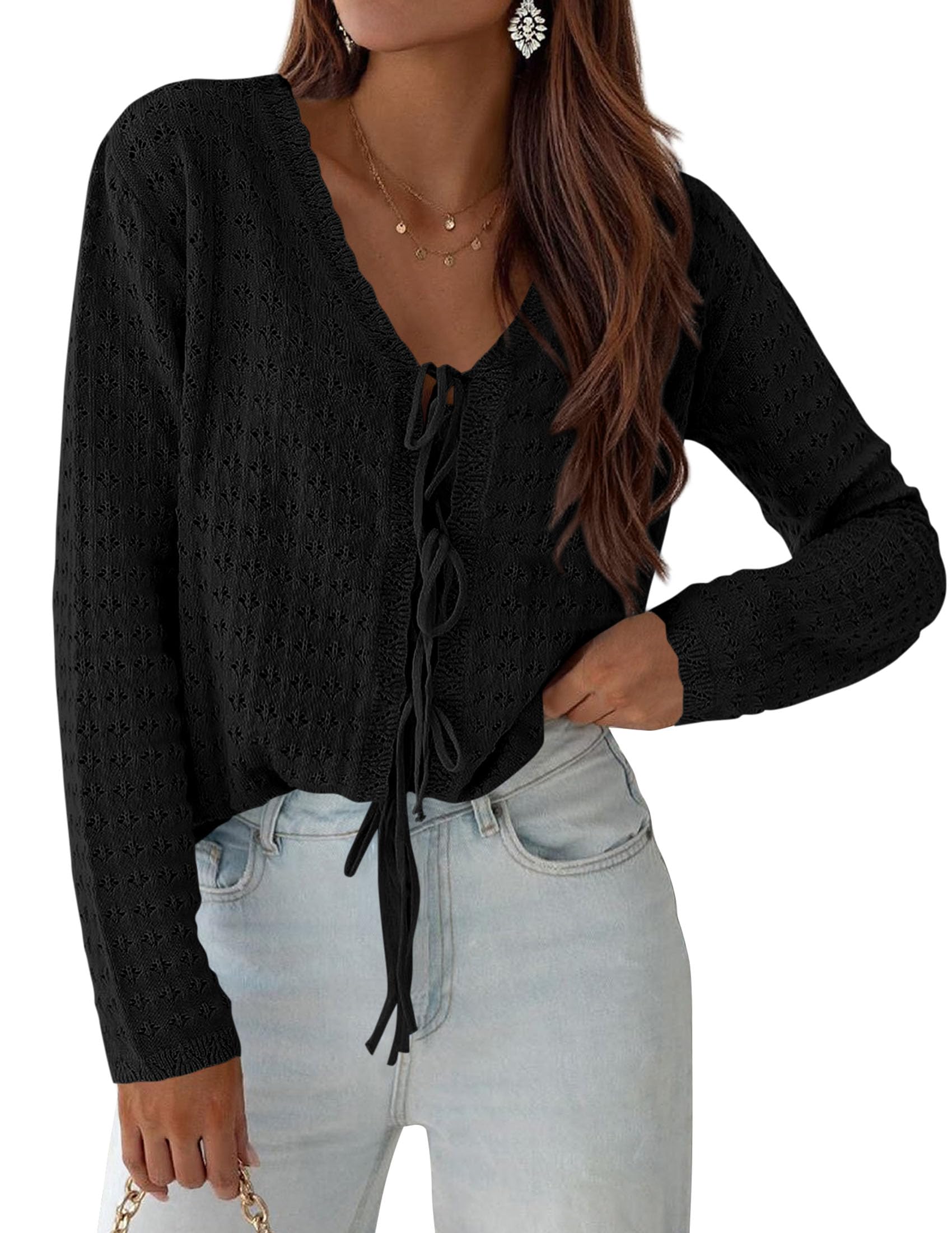PRETTYGARDEN Crochet Cardigan Sweaters for Women Trendy Spring Summer Long Sleeve Tie Front Tops Boho Beach Vacation Clothes