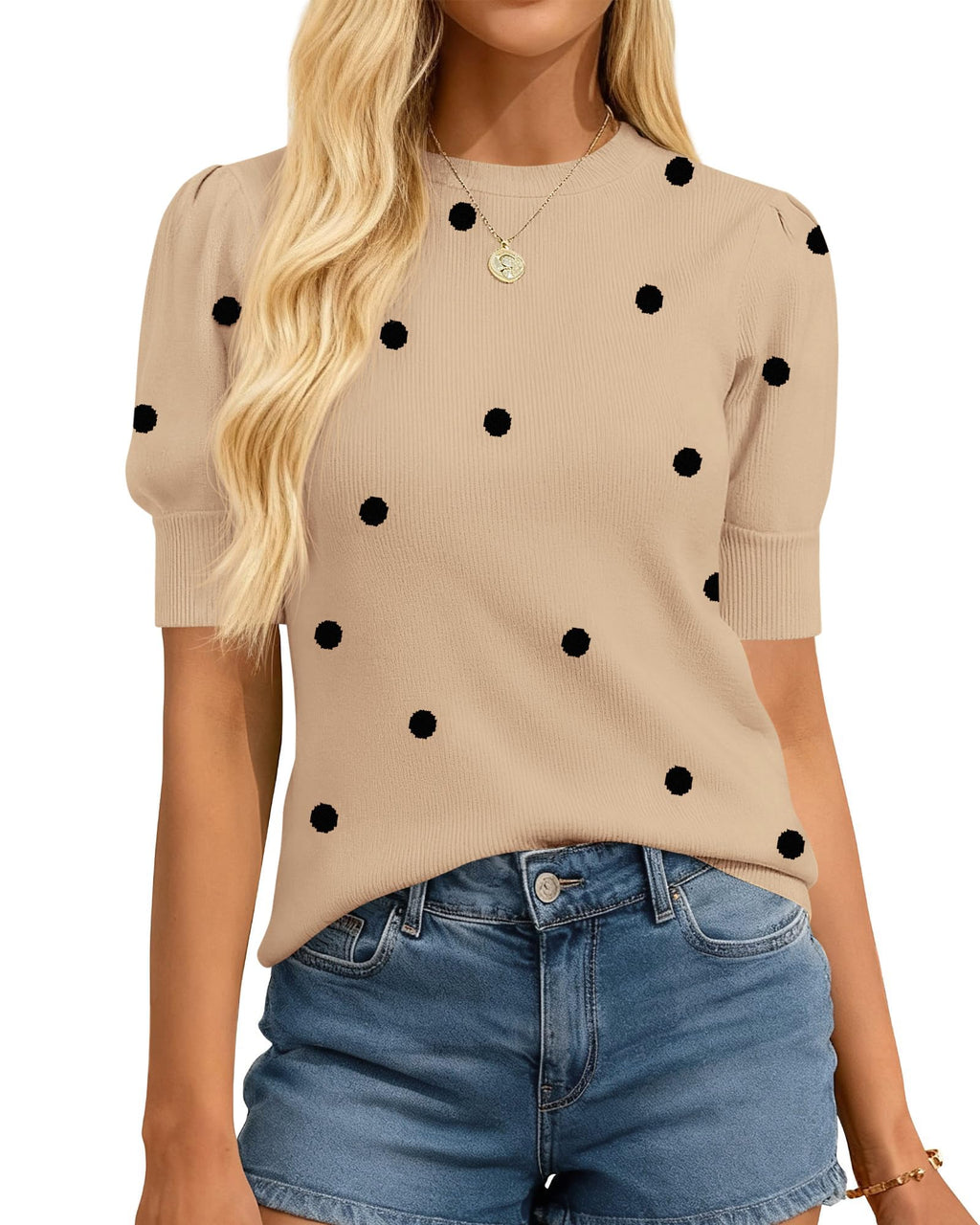 BTFBM Womens Sweaters Polka Dot Short Sleeve Sweater for Women Crew Neck Knit Summer Tops Business Dressy Casual Blouses