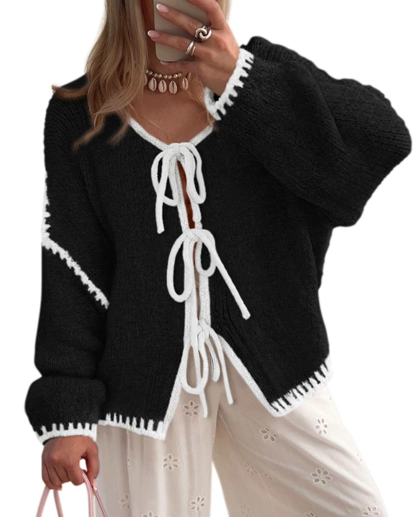 PRETTYGARDEN Women's Tie Front Bow Cardigan Sweaters Chunky Knit Long Puff Sleeve Trendy Fall Winter Jacket Coat