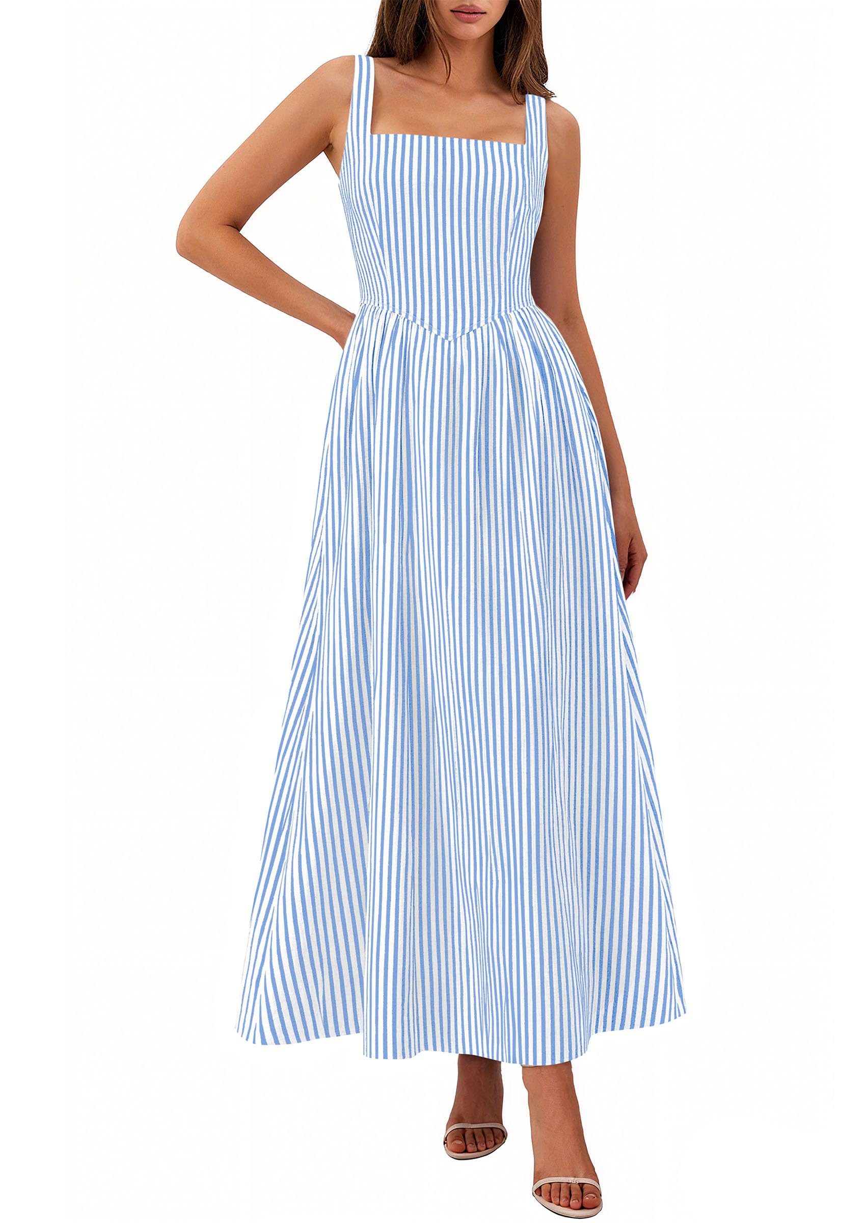PRETTYGARDEN Women's Maxi Striped Dress Summer Sleeveless Square Neck Smocked A Line Long Flowy Spring Vacation Sundress