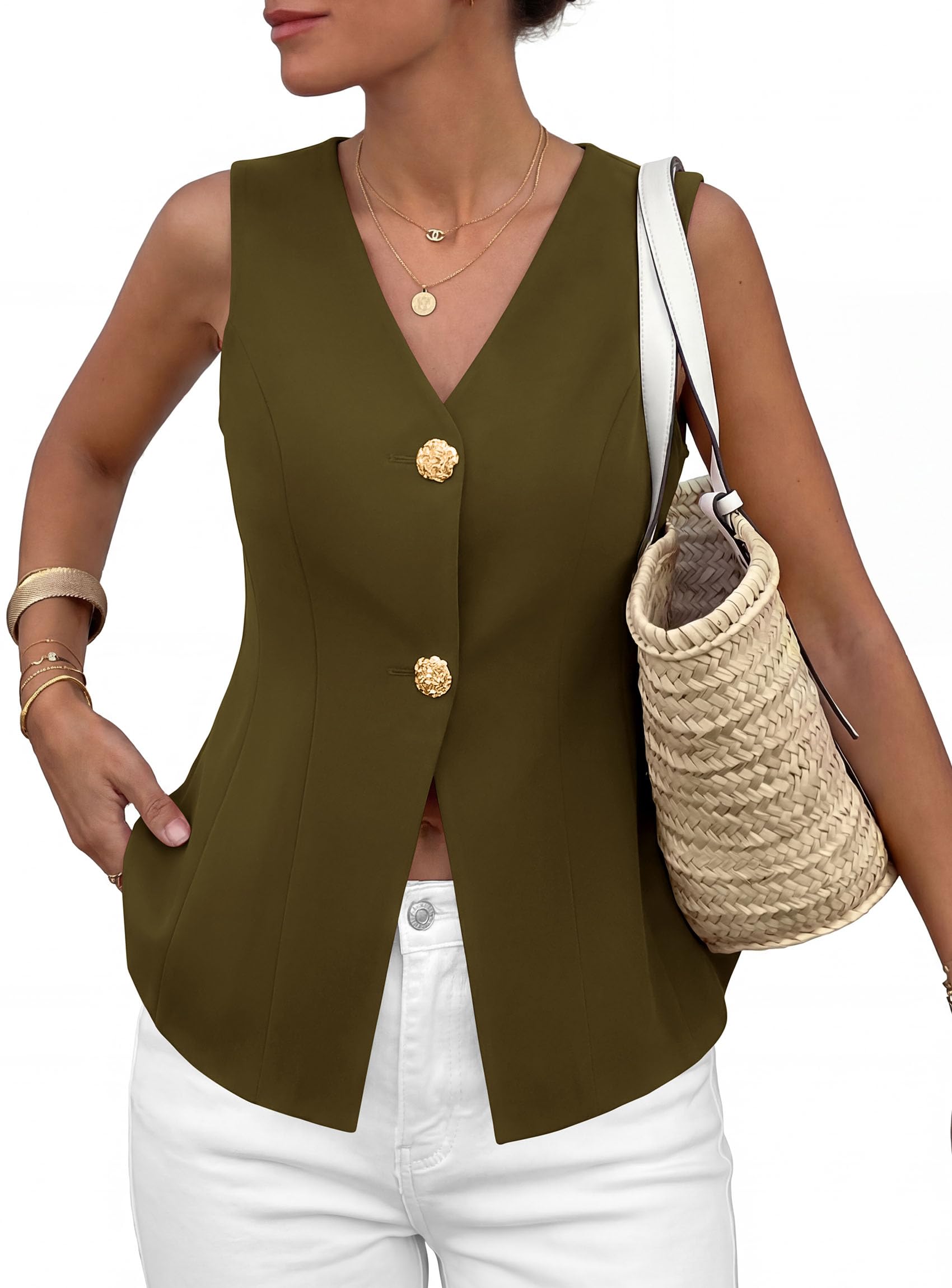 PRETTYGARDEN Womens Summer Sleeveless Suit Vest Tops Dressy Button Down Business Casual Blazer Waistcoat Spring Clothes