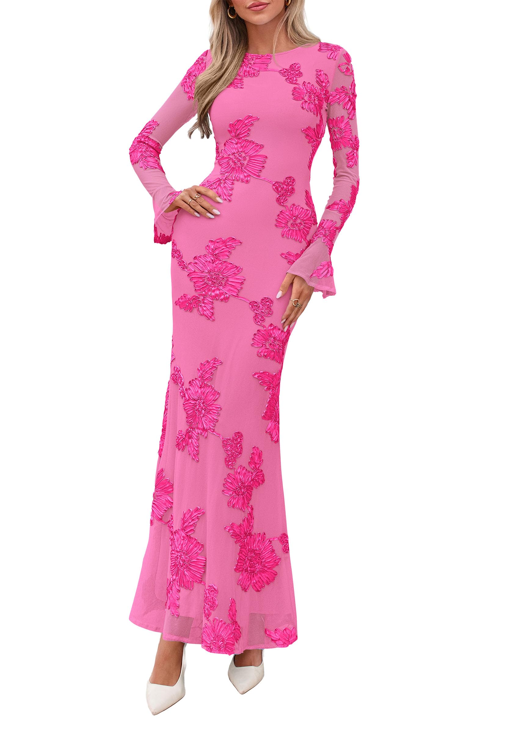PRETTYGARDEN Women's Formal Floral Maxi Bodycon Dresses Ruffle Long Sleeve, Fall Winter Outfits 2026 for Wedding Guest, Homecoming & Cocktail, Slimming Mesh Dress with Lining