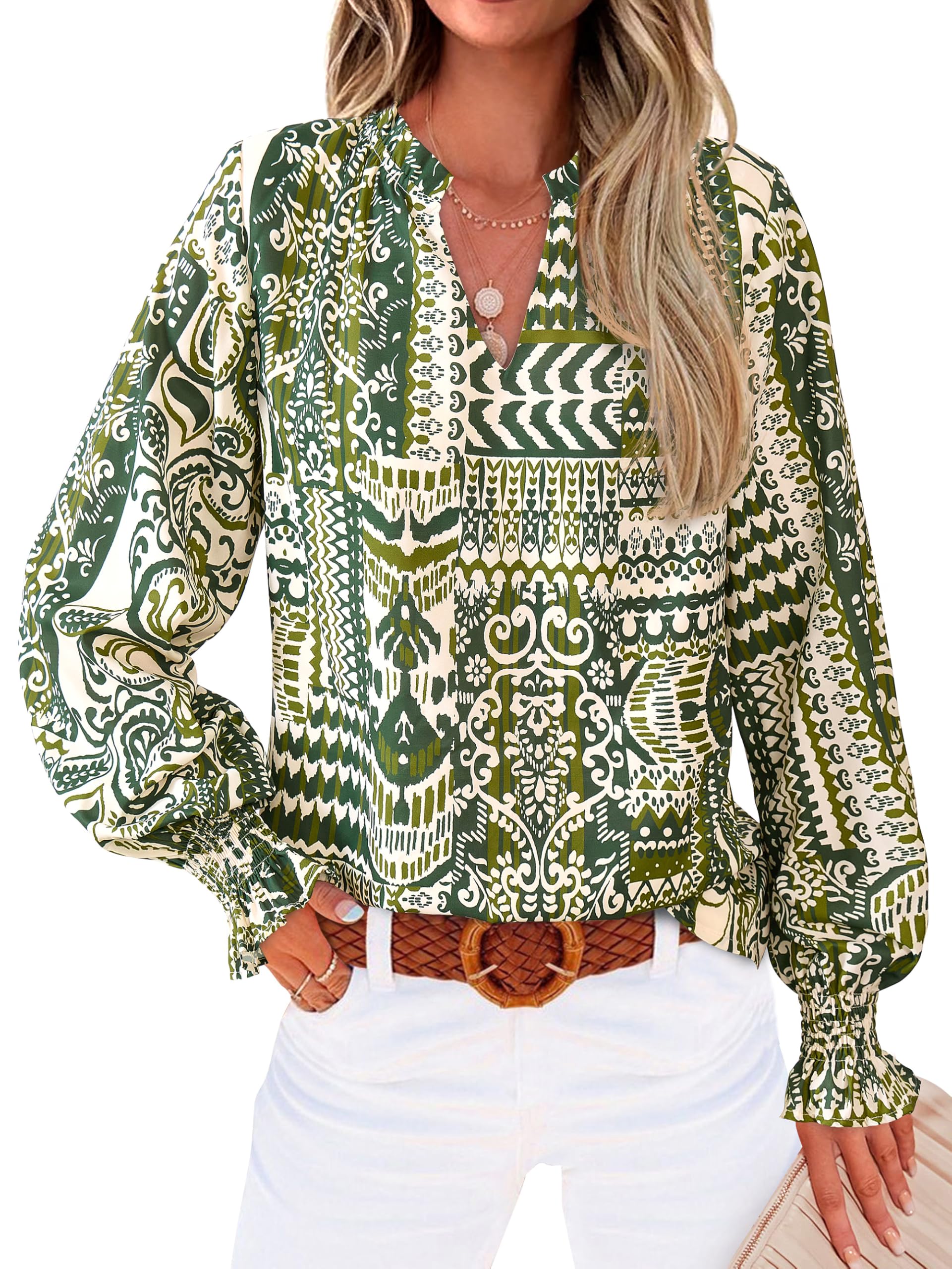 FreshPretty Womens V Neck Floral Long Sleeve Tops Summer Casual Loose Puff Sleeve Chiffon Boho Work Blouse Dressy T Shirts