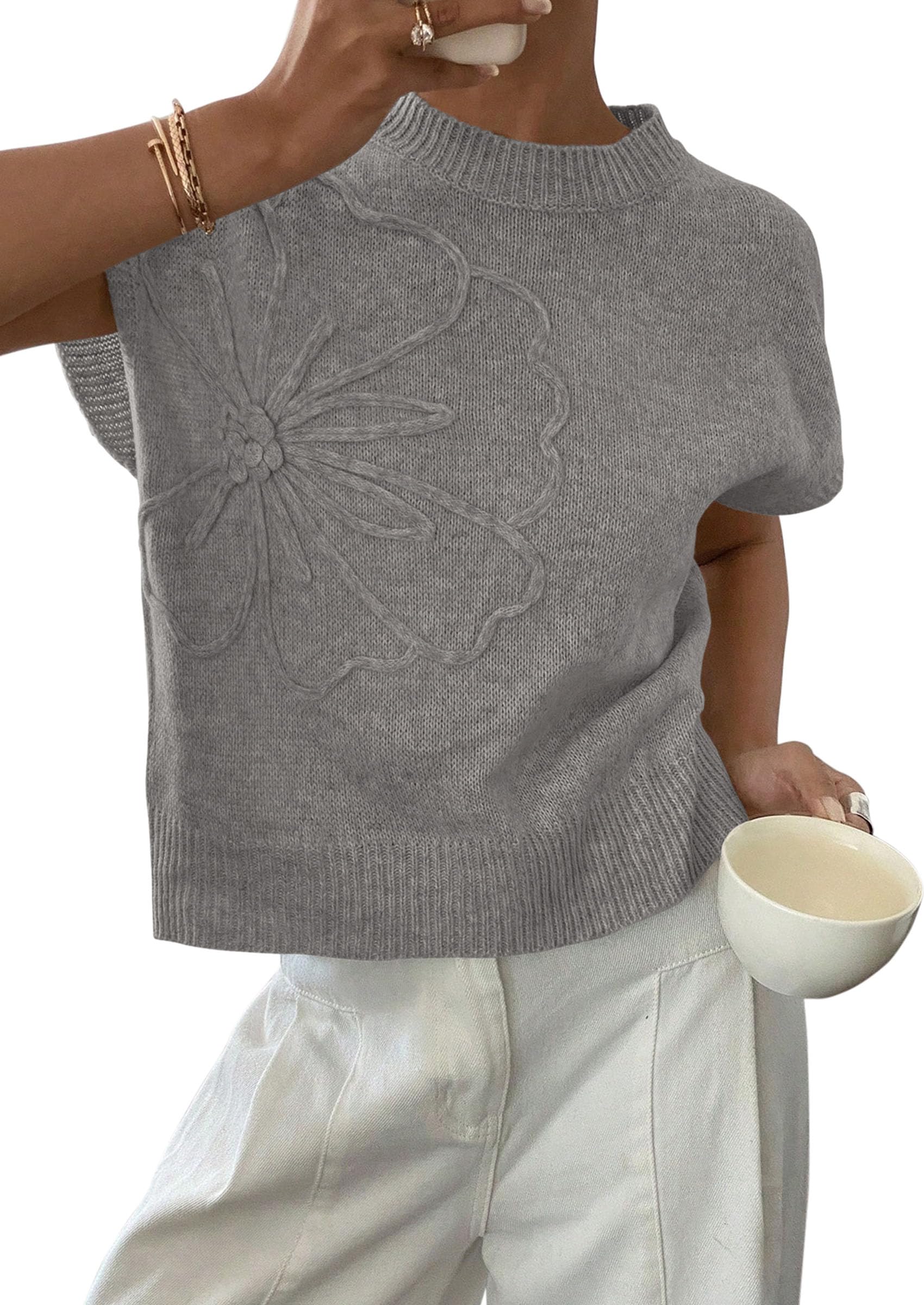 PRETTYGARDEN Women's Spring Sweater Vest Trendy Flower Knit Short Sleeve Cute Pullover Tank Tops Summer Fashion Clothing