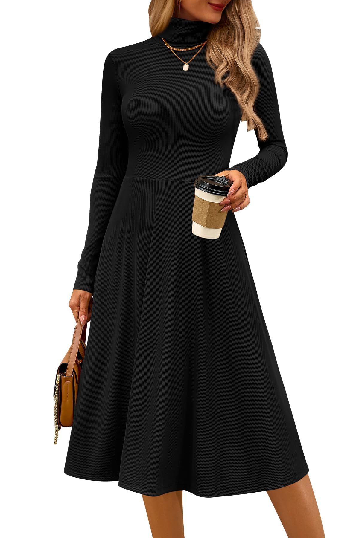 FreshPretty Womens Long Sleeve Turtleneck Dress Midi A Line Fall Dresses,High Neck Dress,Fit and Flare Work Dresses,Lightweight Knit,Flowy Winter Dresses Wedding Guest,Cocktail,Church,Casual