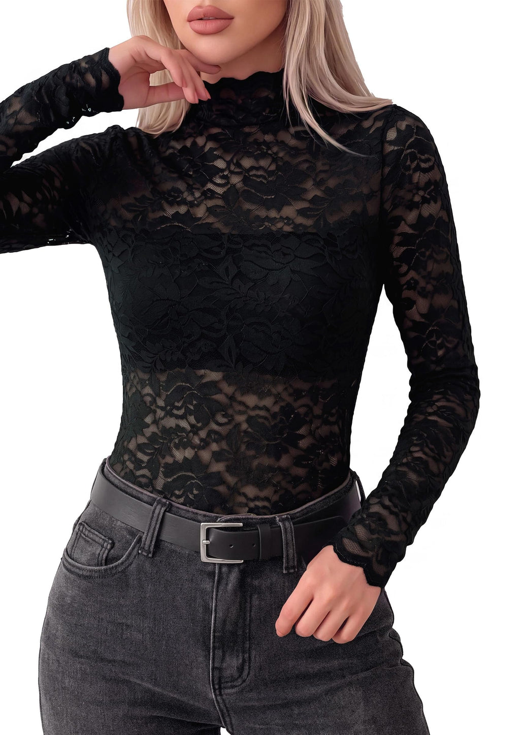 PRETTYGARDEN Womens Lace Long Sleeve Tops Sheer Mesh Blouse | Mock Neck Floral See Through, Slim Fitted, Soft Stretchy Elegant, Going Out Concert, Club Party Outfits, Fall Fashion Clothes
