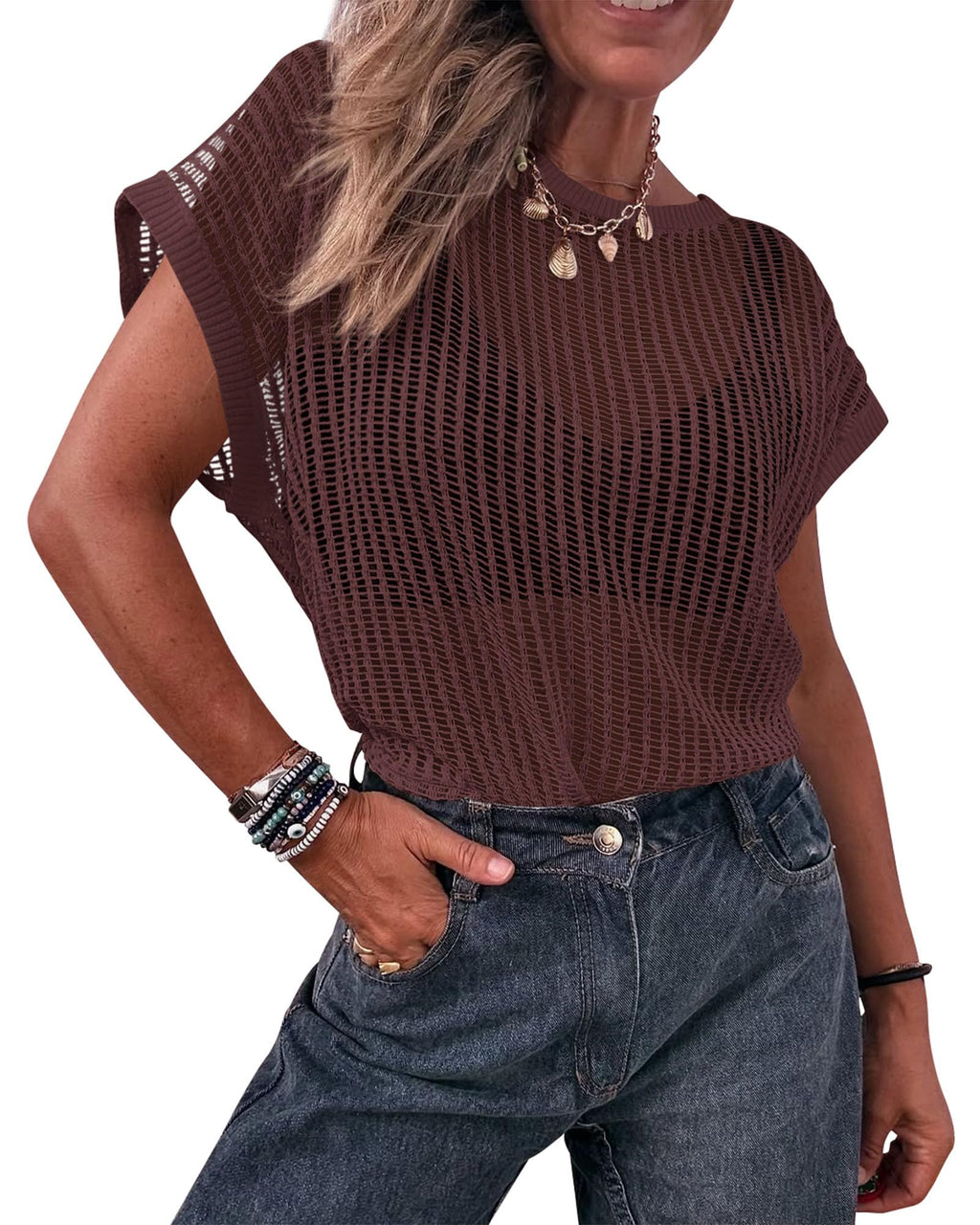 FreshPretty Beach Cover Ups for Women Crochet Mesh Top Boho Lightweight Summer Sweater Cruise Resort Wear Vacation Outfits