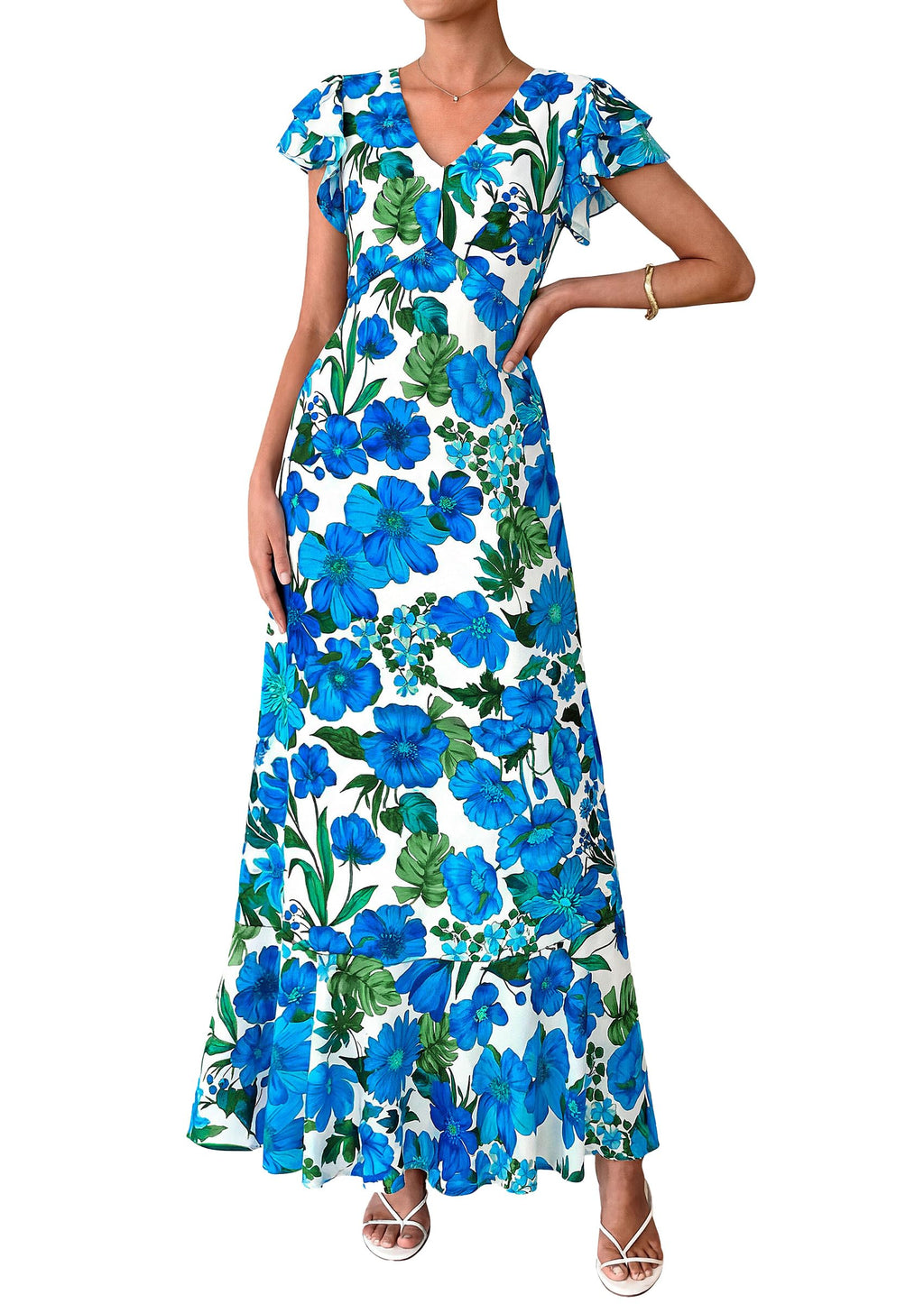PRETTYGARDEN Womens Summer Floral Maxi Dresses Spring Short Sleeve Ruffle V Neck Flowy Boho Long Beach Vacation Sundress