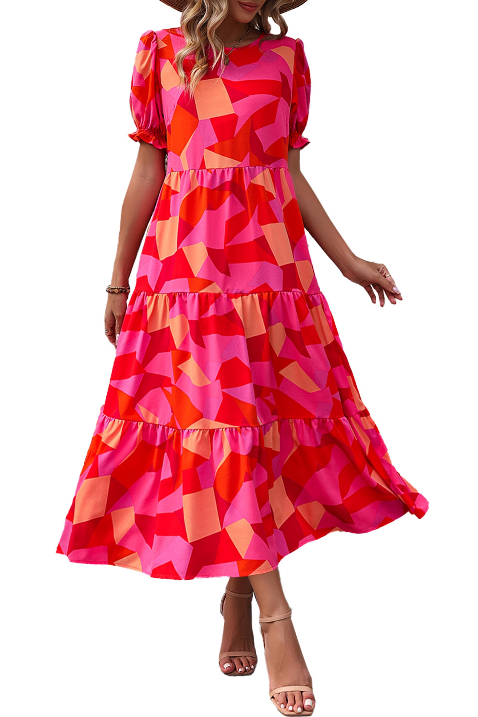 PRETTYGARDEN Summer Dresses for Women Casual Floral Boho Midi Sun Dress Puff Short Sleeve Flowy Beach Vacation Sundress