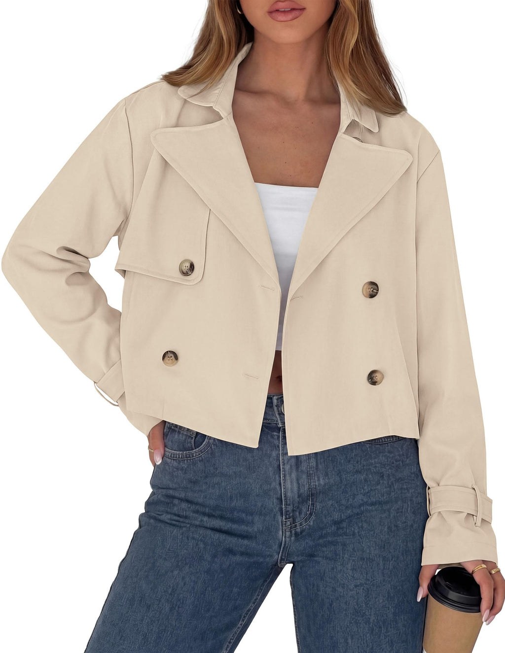 PRETTYGARDEN Cropped Trench Coat For Women Short Jacket,Soft Lightweight Coats, Lapel Double Breasted, Long Sleeve Loose Fit, Casual Work Office Jackets, Fall Winter Outwear