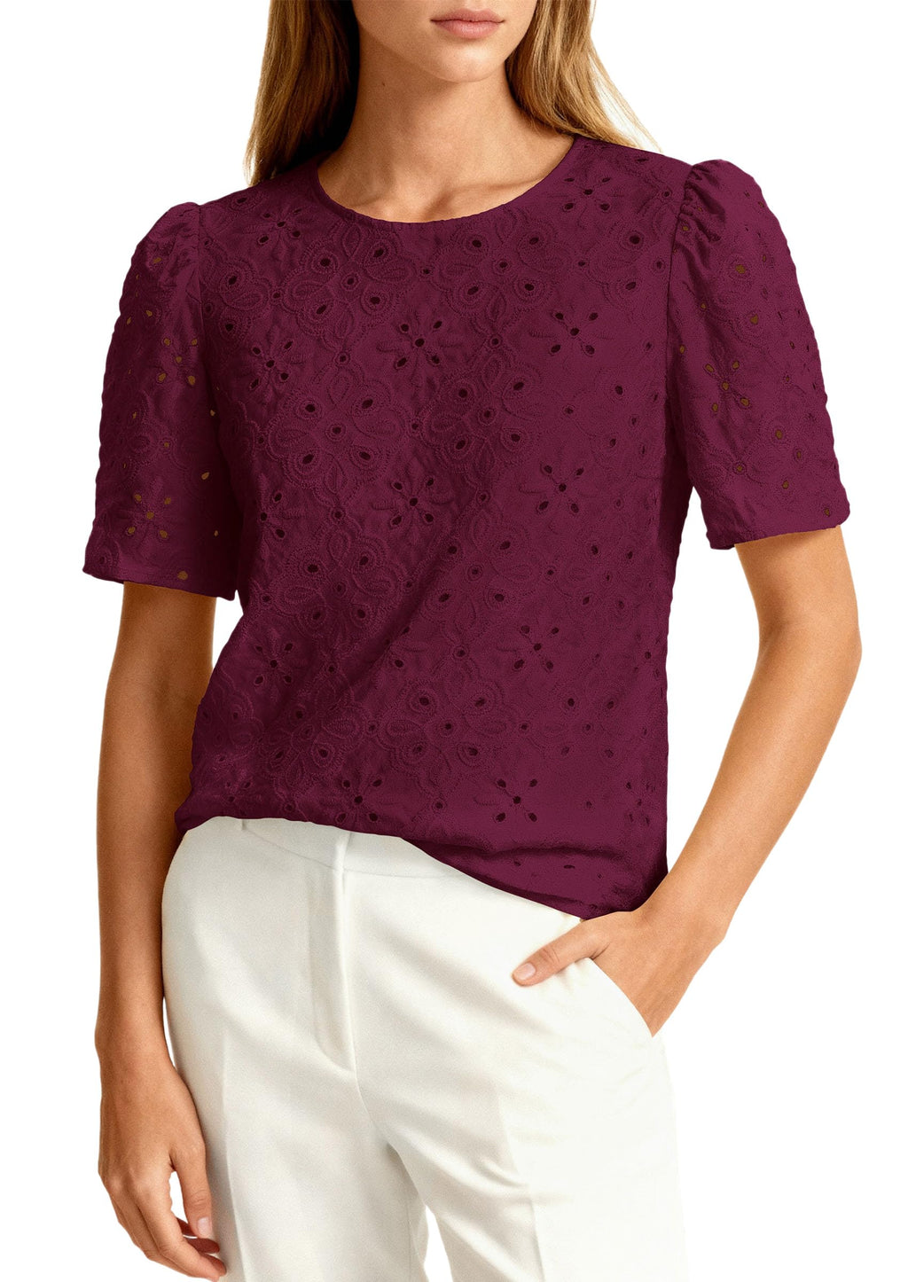 PRETTYGARDEN Women's Puff Short Sleeve Eyelet Shirts Summer Lace Blouses Dressy Casual Work Tops Spring Teacher Clothes