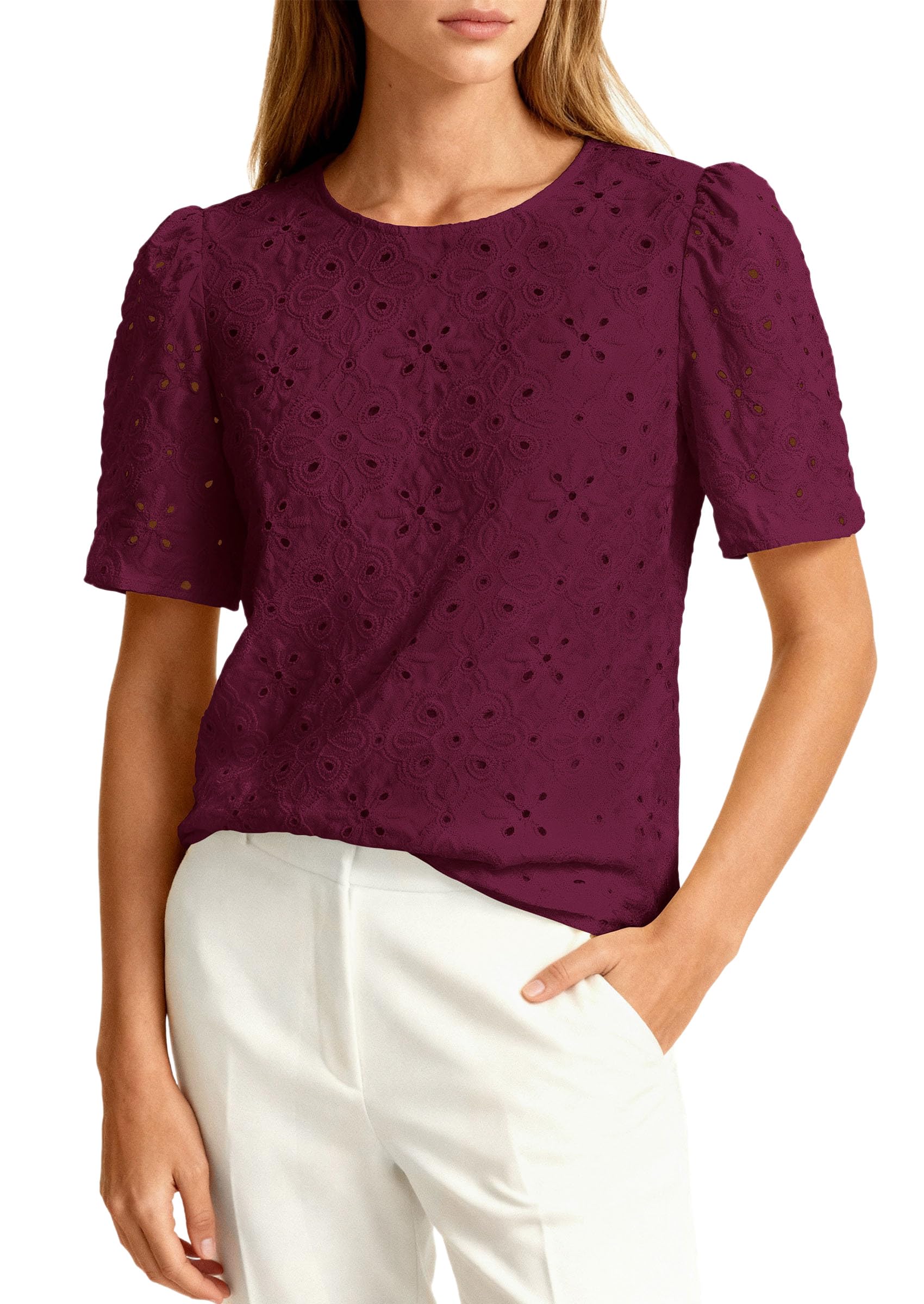 PRETTYGARDEN Women's Puff Short Sleeve Eyelet Shirts Summer Lace Blouses Dressy Casual Work Tops Spring Teacher Clothes