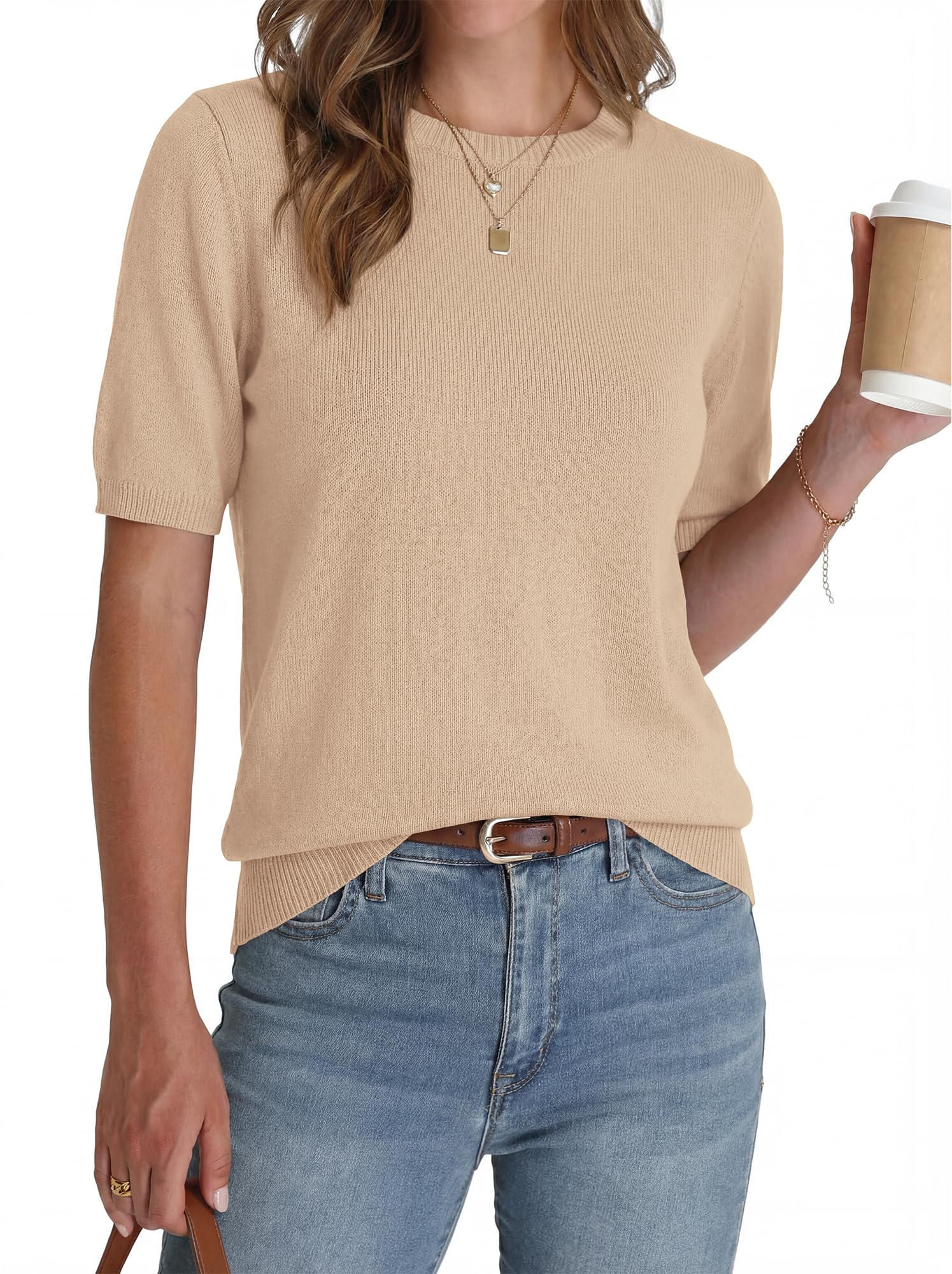 FreshPretty Short Sleeve Sweater for Women Spring Tops Crew Neck Lightweight Pullover Loose Dressy Casual Blouse Basic Clothes