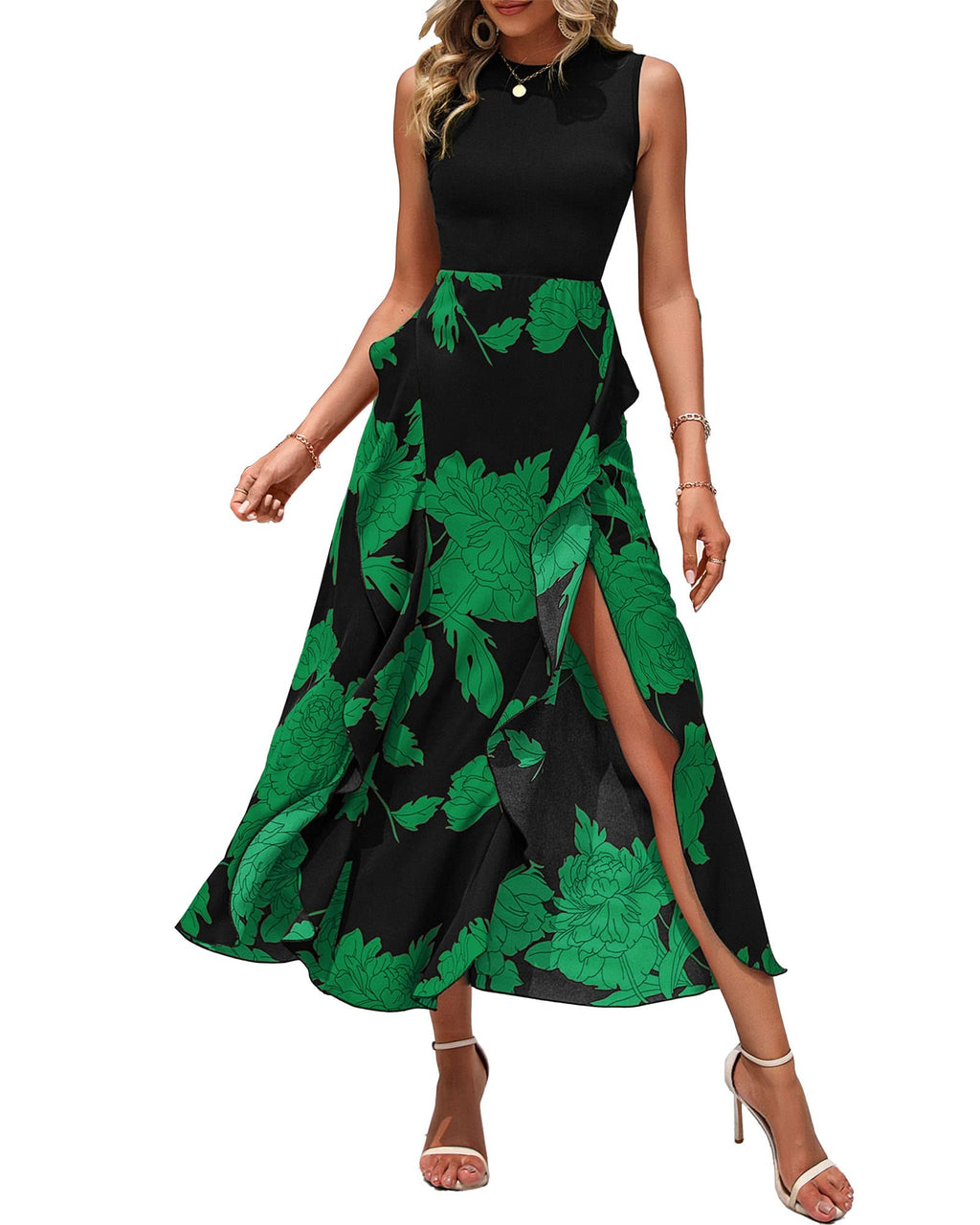 FreshPretty Women Casual Sleeveless Summer Dresses Spring Crewneck Patchwork Boho Floral Ruffle Cocktail Party Midi Dress