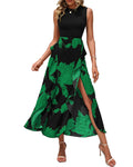 FreshPretty Women Casual Sleeveless Summer Dresses Spring Crewneck Patchwork Boho Floral Ruffle Cocktail Party Midi Dress