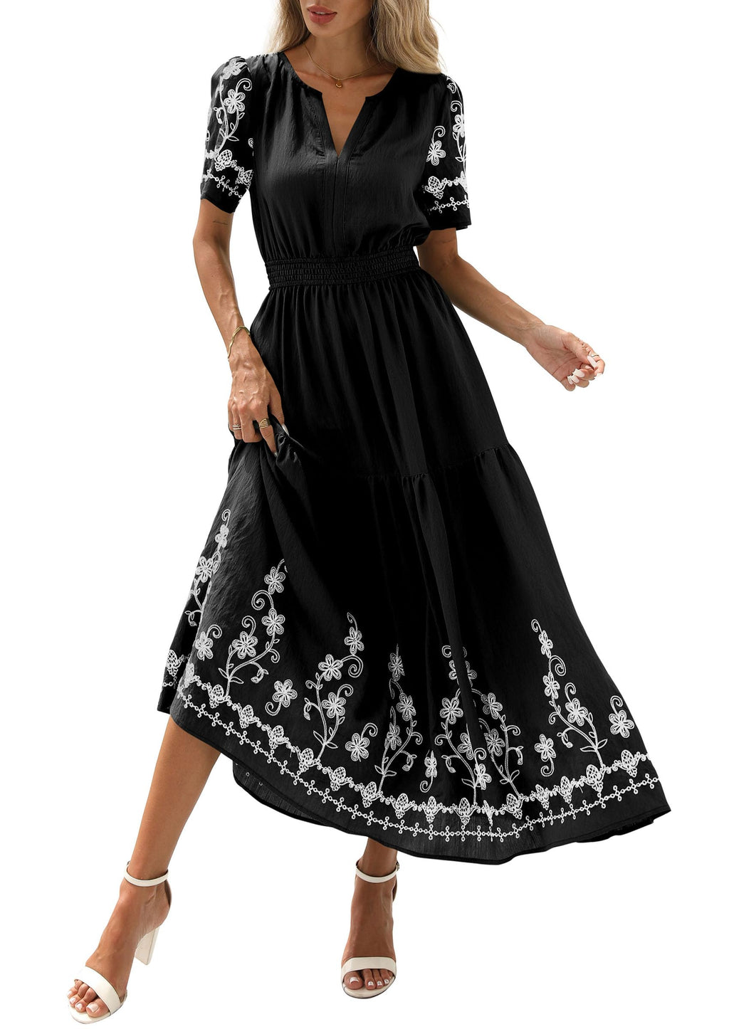 PRETTYGARDEN Women's Summer Boho Maxi Dress Spring Floral Short Sleeve V Neck A Line Flowy Beach Wedding Guest Dresses