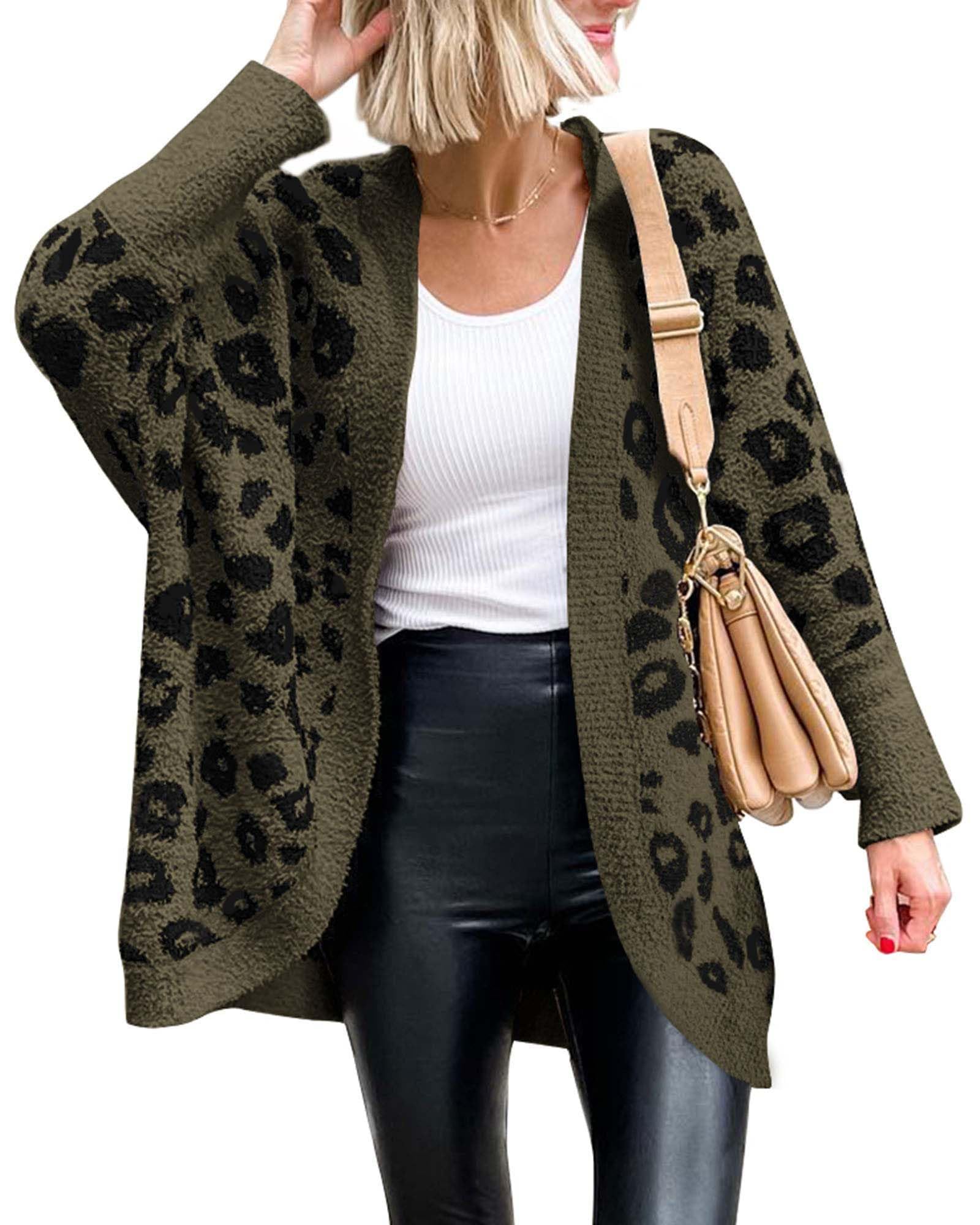FreshPretty Leopard Cardigan for Women Long Sleeve Open Front Cardigans Sweaters Pockets Loose Knit Fall Winter Outwear
