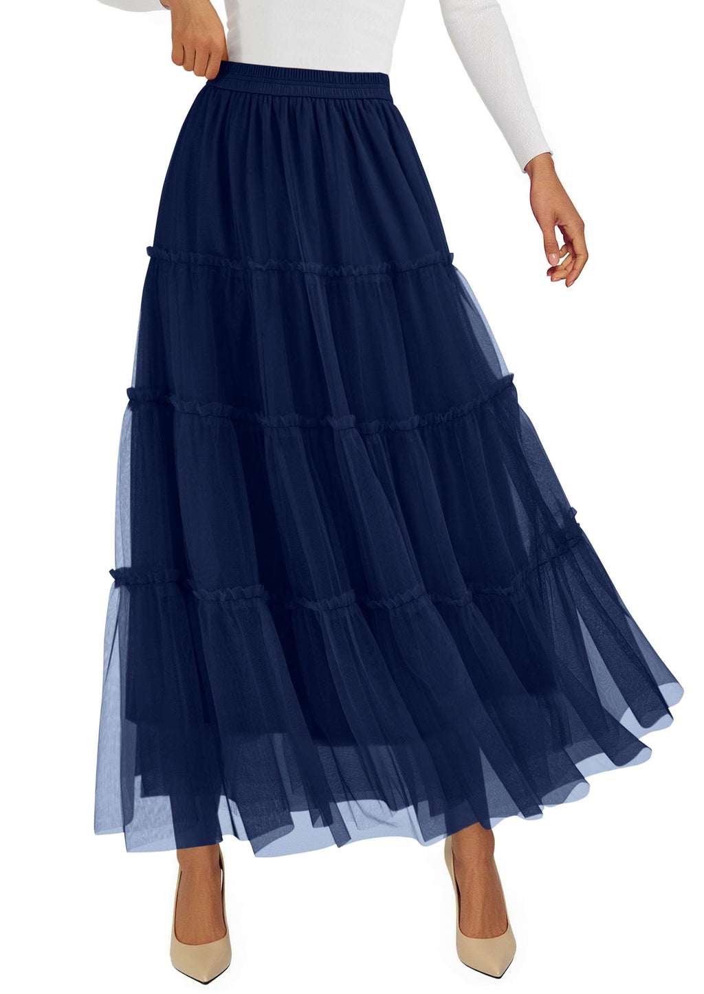 PRETTYGARDEN Tulle Skirts for Women Fall Fashion Elastic High Waisted Fairy Tiered Flowy A-Line Casual Maxi Long Skirt