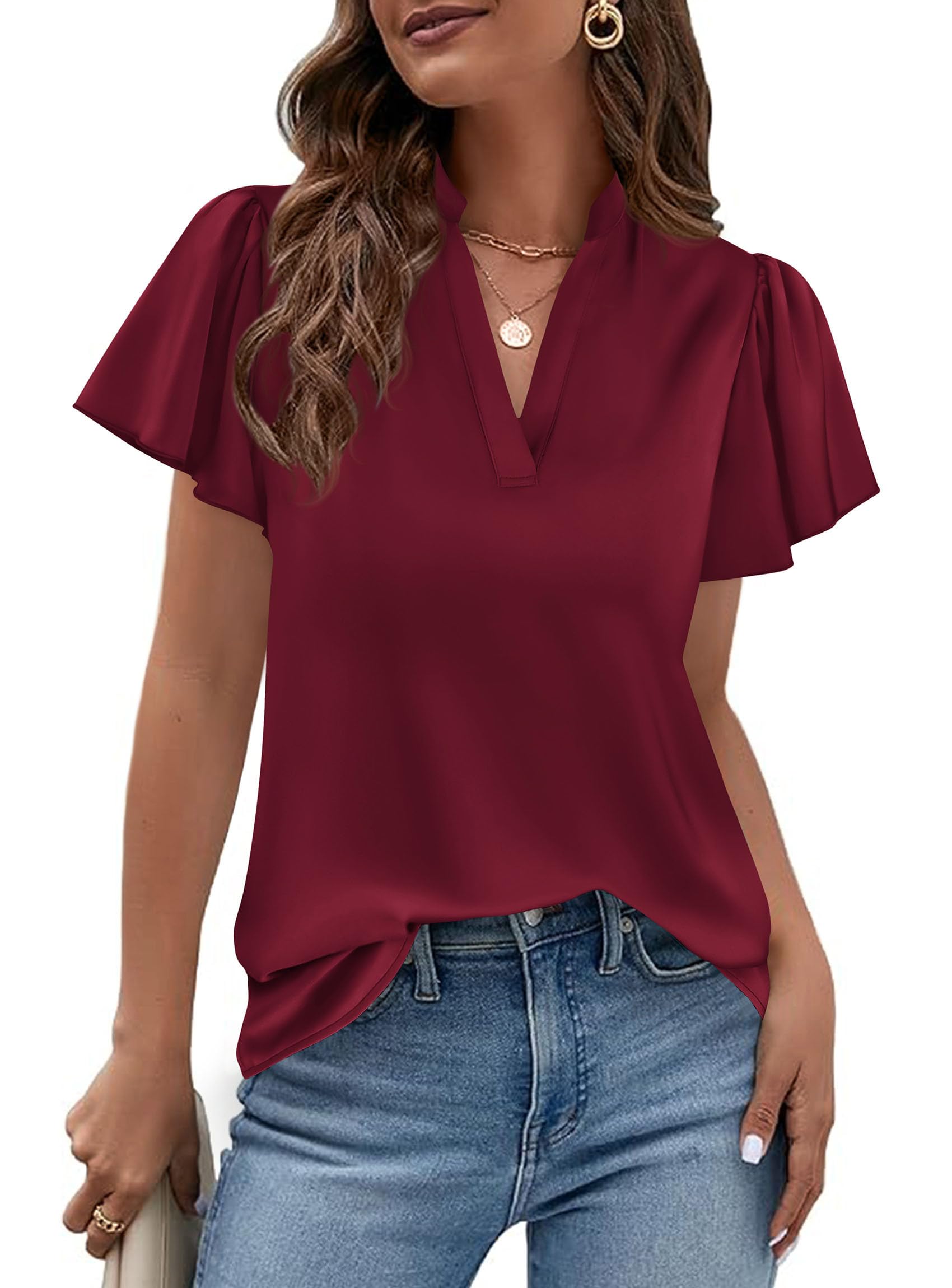 PRETTYGARDEN Women's Summer Satin Blouses Dressy Casual Ruffle Cap Sleeve V Neck Business Work Cute Tops Spring Outfits