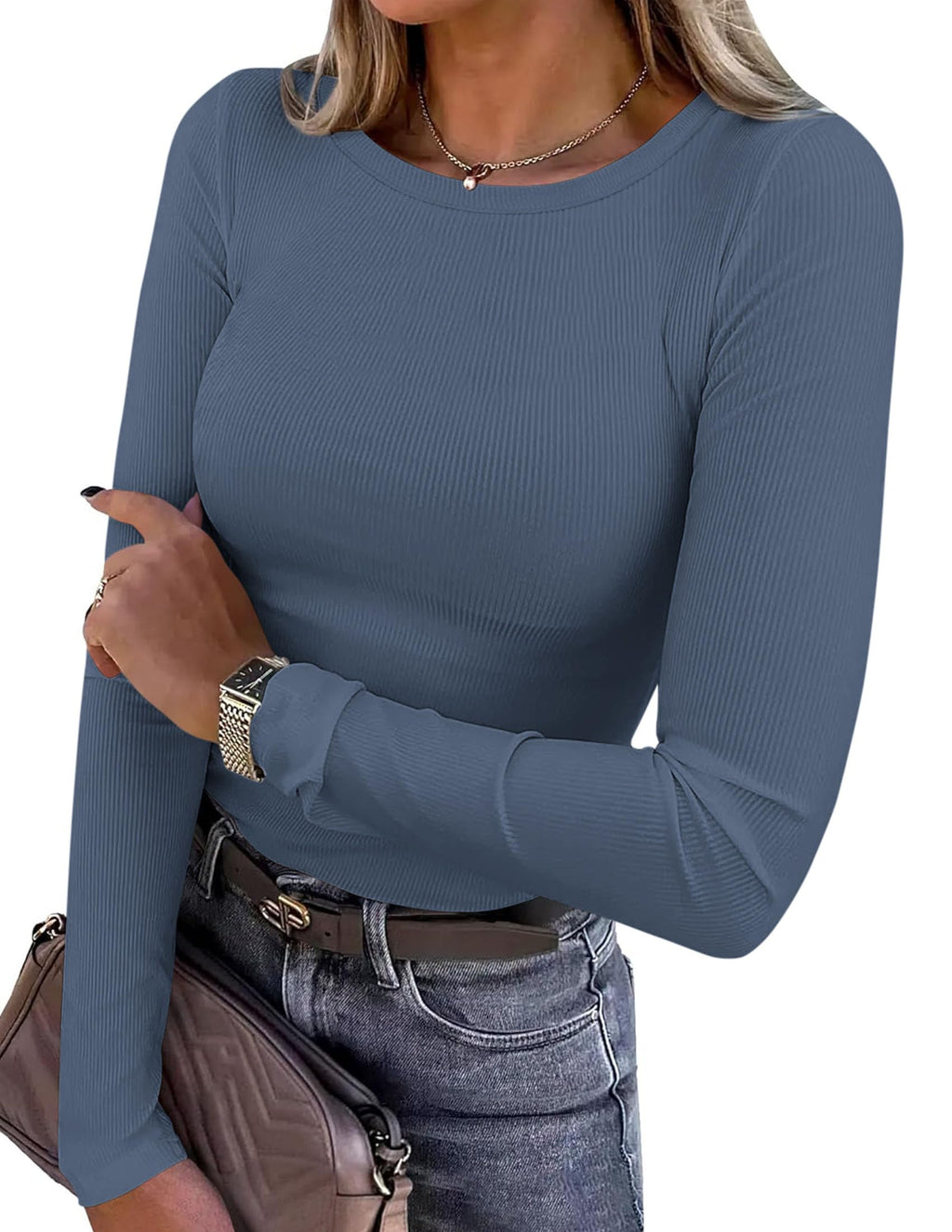 PRETTYGARDEN Women Fall Clothes Long Sleeve Shirts Ribbed Knit Fitted Basic Tee Going Out Tops Underscrub Casual Outfits