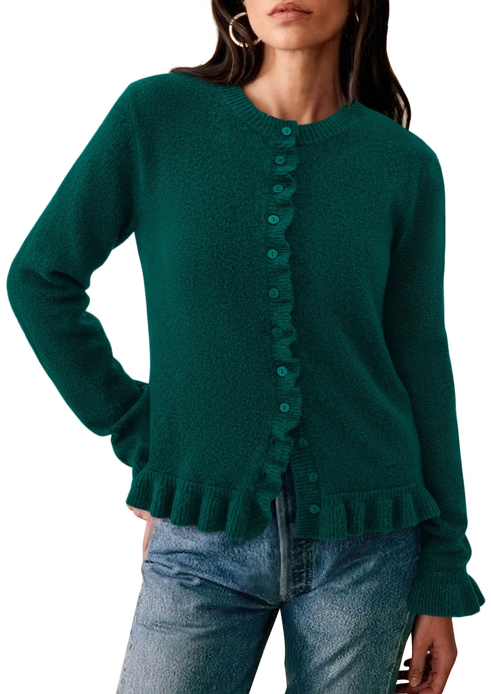 PRETTYGARDEN Womens Fall Button Down Cardigans Chunky Knit Ruffle Open Front Cropped Cardigan Sweaters Soft Long Sleeve Tops