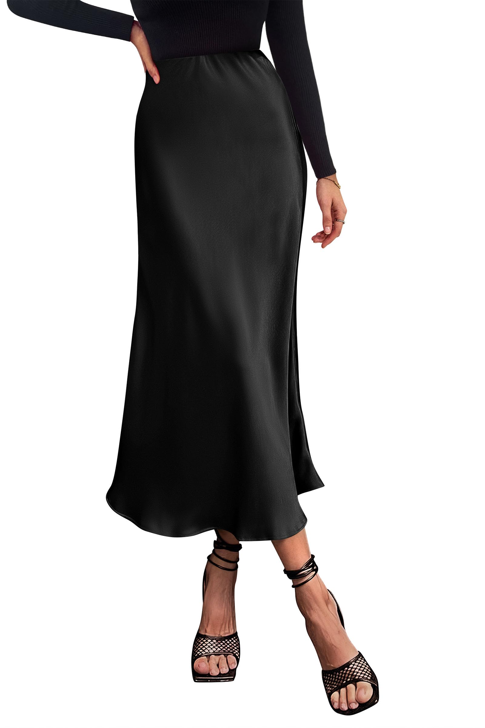 PRETTYGARDEN Women's Satin Skirts Dressy Casual Fall High Waisted Cocktail Wedding Flowy Elegant A Line Midi Skirt