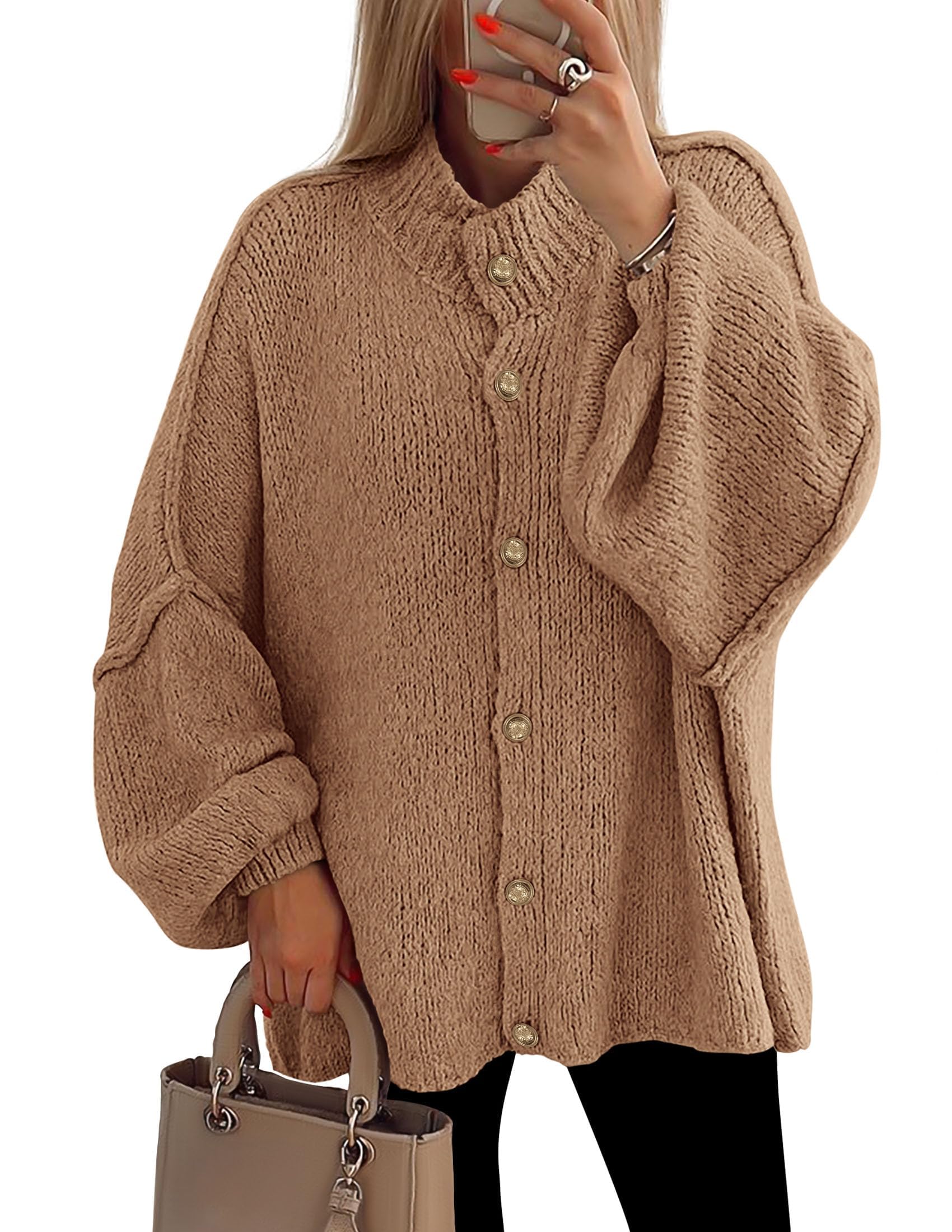 PRETTYGARDEN Women's Winter Button Down Cardigan Sweaters Mock Neck Lantern Long Sleeve Chunky Knit Jacket Trendy Outerwear