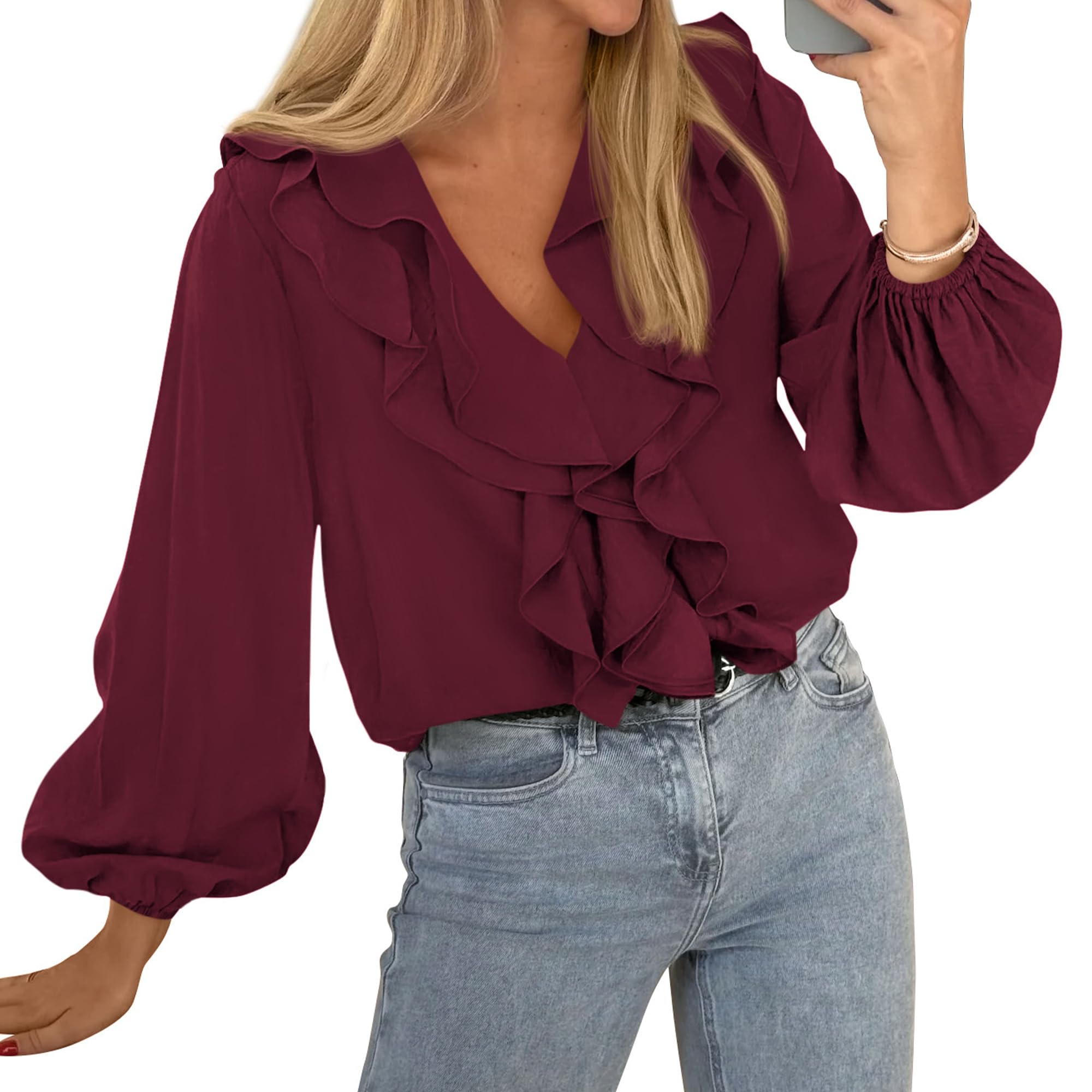 BTFBM Womens Fall Tops Ruffle Blouses Dressy Casual | Double Ruffled Collar V Neck Long Sleeve Shirts, Lightweight Fashion Clothing Trendy, Daily Business Office Work Clothes