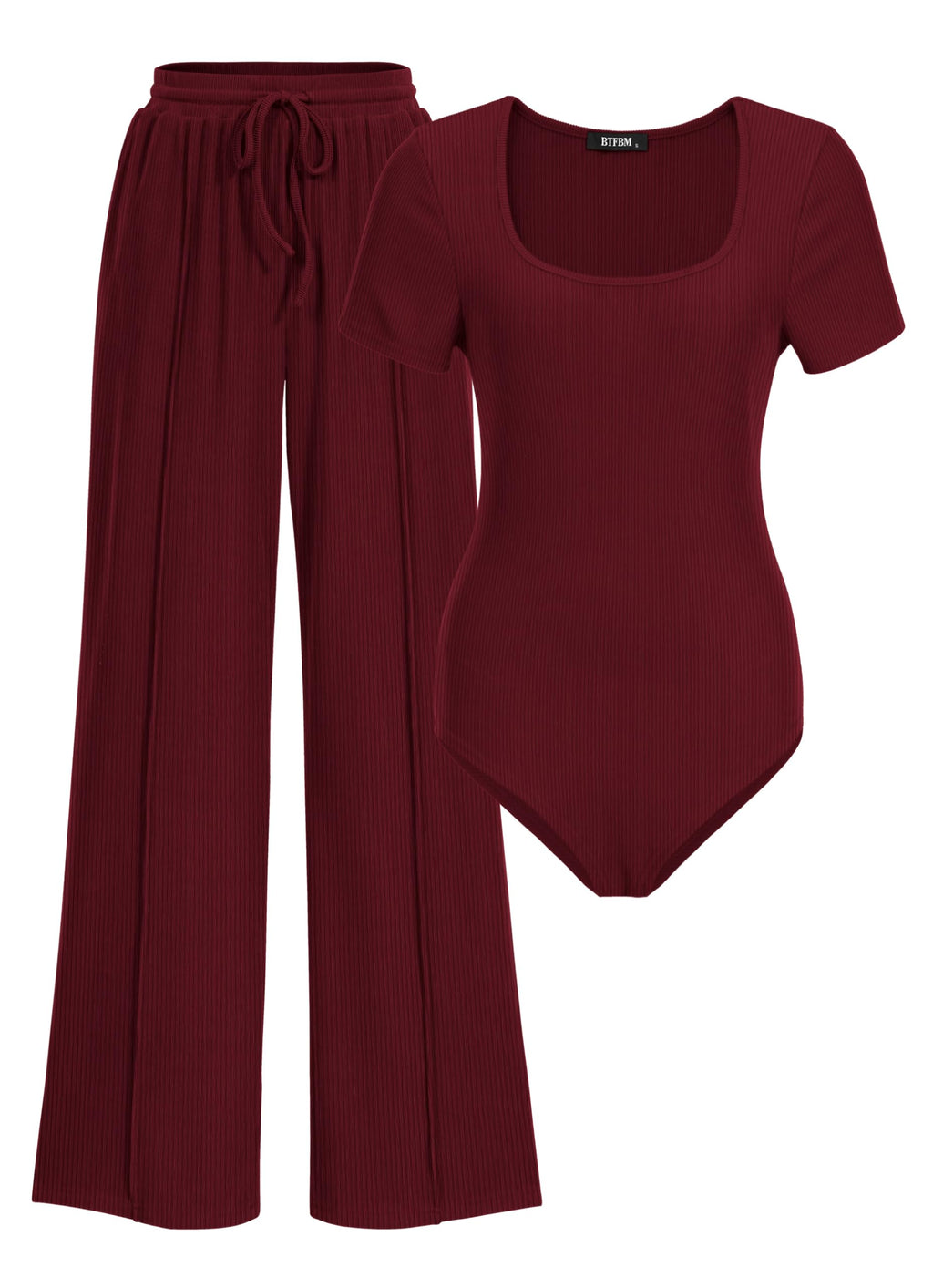 BTFBM Womens Summer 2 Piece Outfits Square Neck Short Sleeve Drawstring Pants Knit Spring Lounge Matching Sets