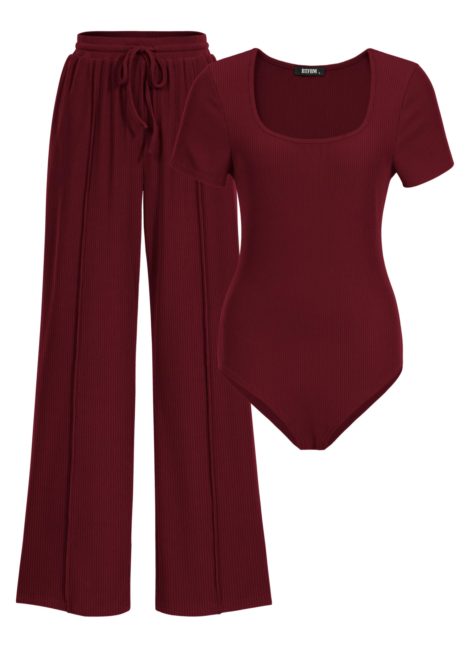 BTFBM Womens Summer 2 Piece Outfits Square Neck Short Sleeve Drawstring Pants Knit Spring Lounge Matching Sets