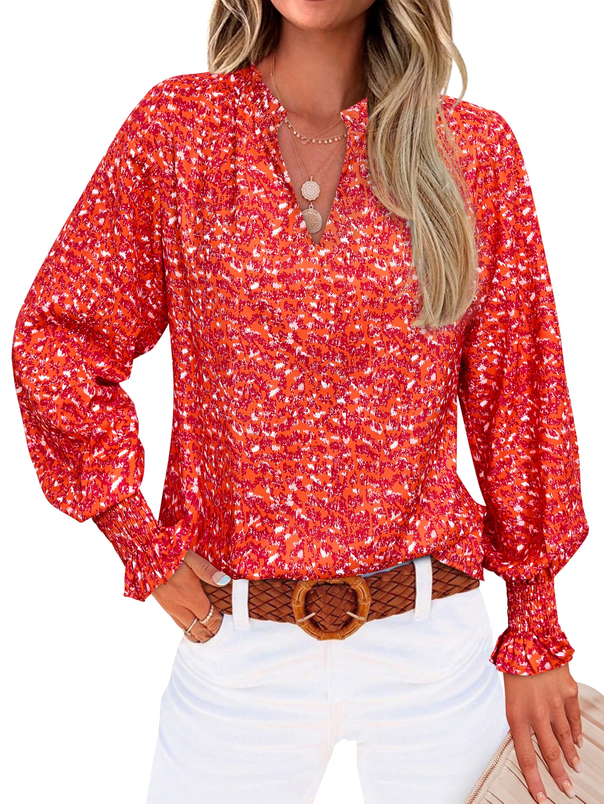 FreshPretty Womens V Neck Floral Long Sleeve Tops Summer Casual Loose Puff Sleeve Chiffon Boho Work Blouse Dressy T Shirts