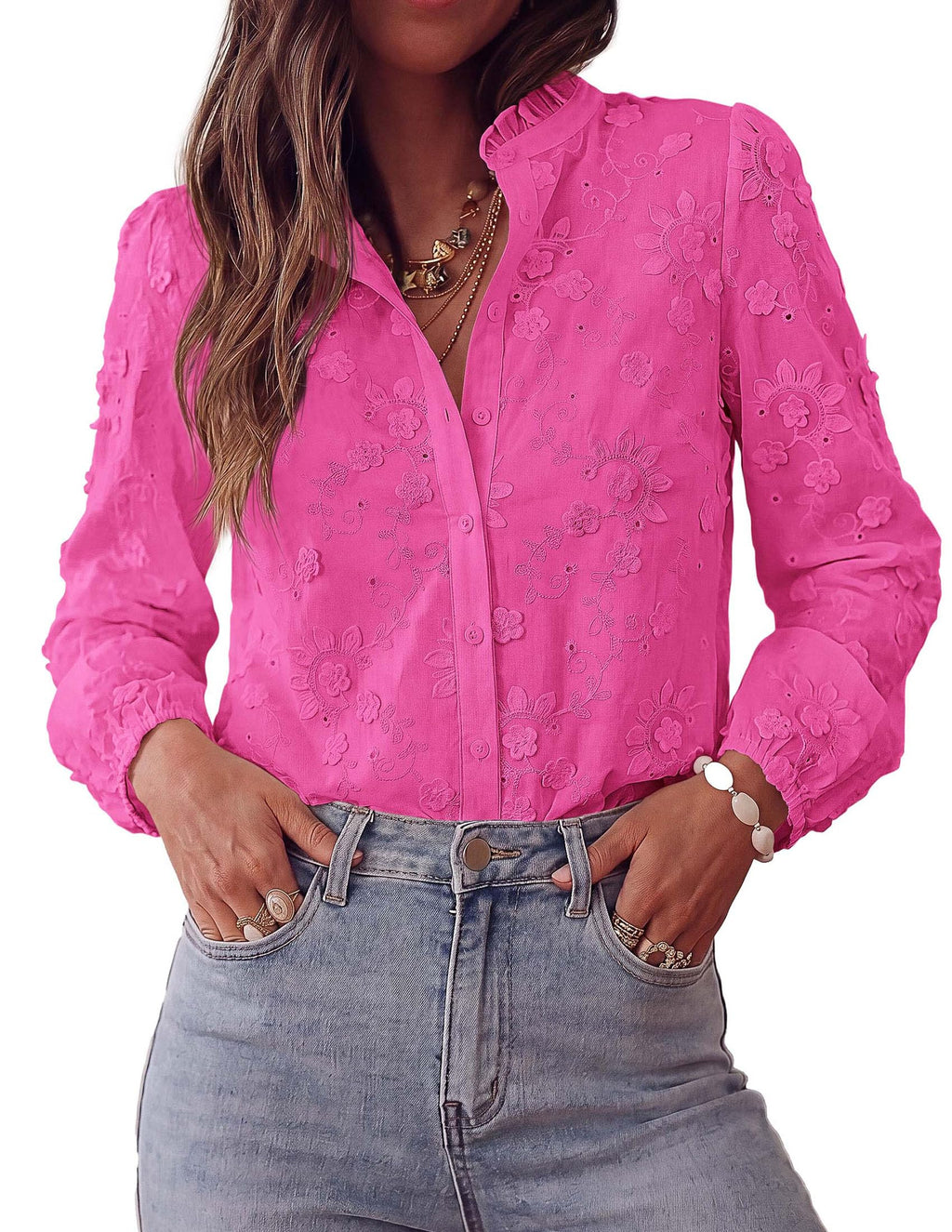 PRETTYGARDEN Women's Floral Embroidered Button Down Shirts | Ladies Dressy Fall Blouses, Long Sleeves, Ruffle Neck, Elegant Boho Eyelet Tops for Work, Business & Spring Casual Outings
