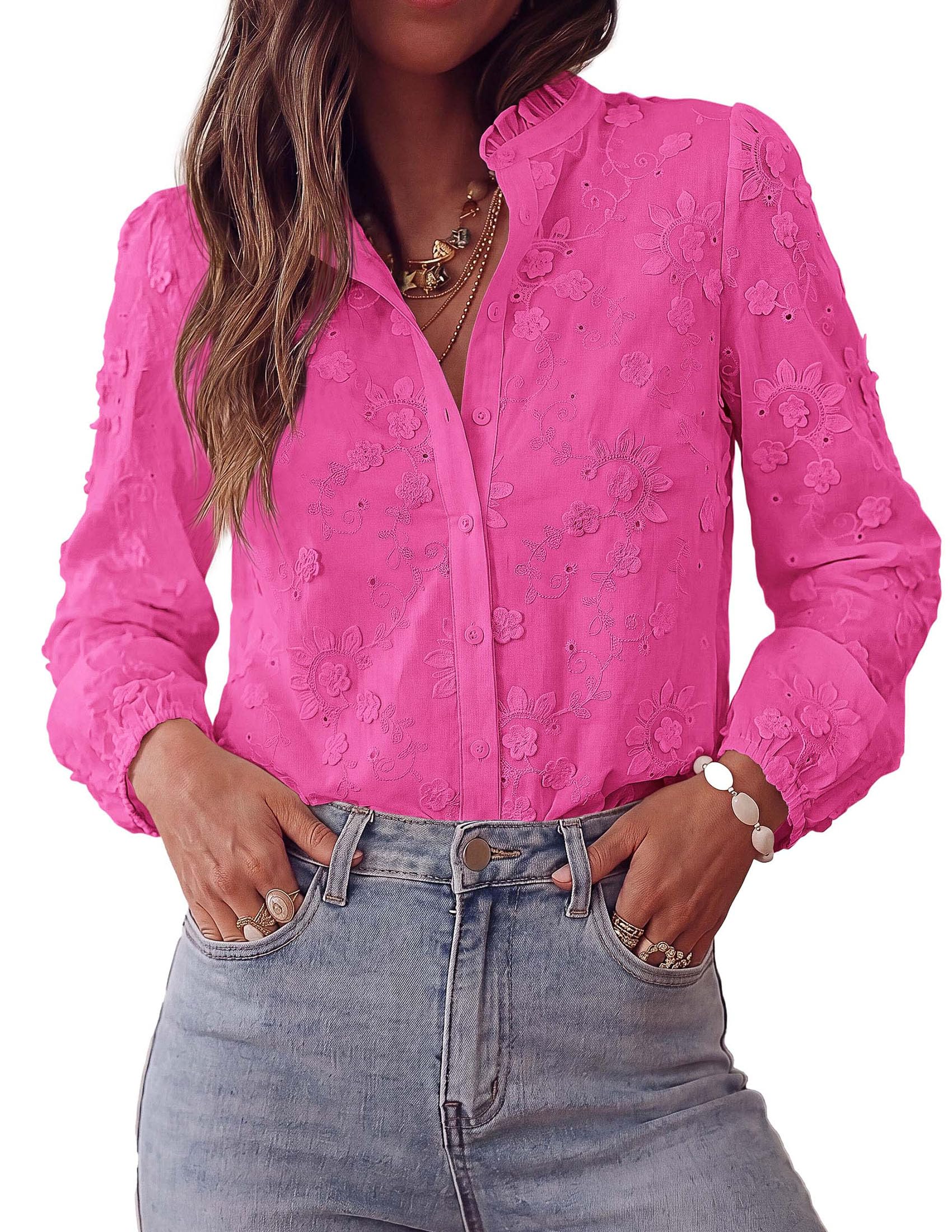 PRETTYGARDEN Women's Floral Embroidered Button Down Shirts | Ladies Dressy Fall Blouses, Long Sleeves, Ruffle Neck, Elegant Boho Eyelet Tops for Work, Business & Spring Casual Outings