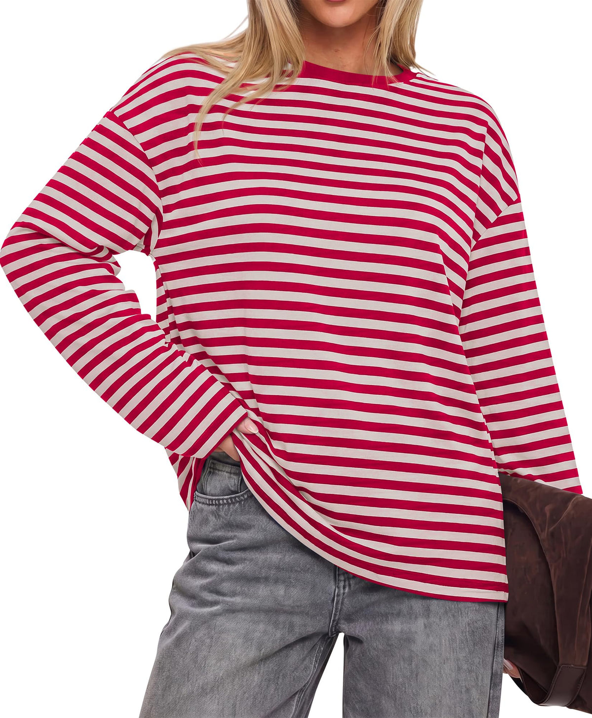 BTFBM Womens Long Sleeve Tops Fall Fashion | Lightweight, Crew Neck, Oversized Striped Shirt Women, Y2k Clothes, Vacation Travel Outfits, Going Out Top, Winter Layering