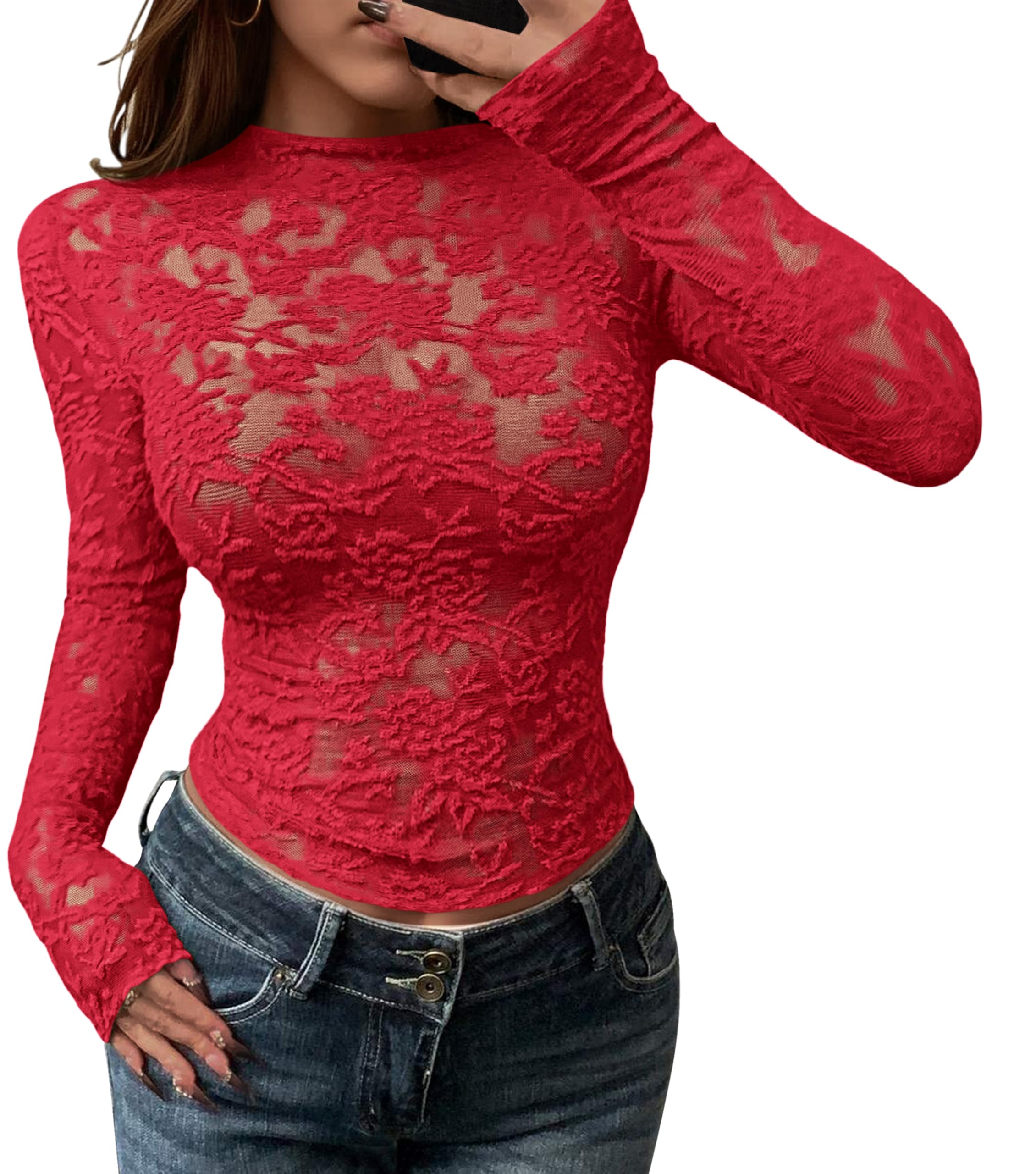 BTFBM Mesh Long Sleeve Tops for Women Lace Sheer Tight See Through Crew Neck Spring Fall Party Club Outfits