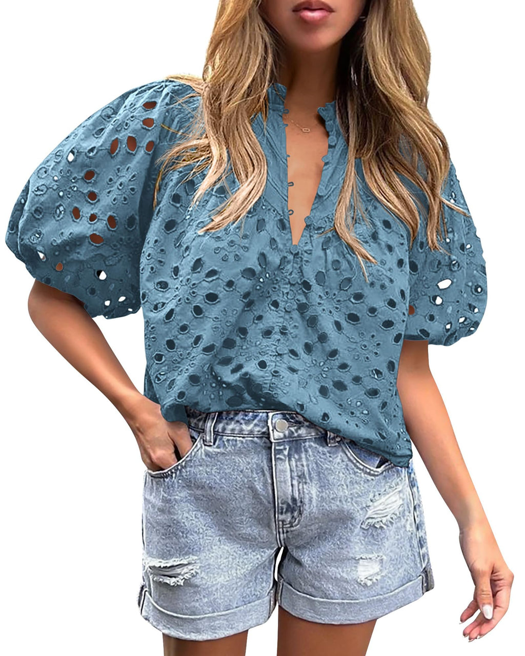 PRETTYGARDEN Women's Summer Tops Dressy Casual Short Sleeve V Neck Buttons Hollow Out Lace Embroidered Blouses Shirts