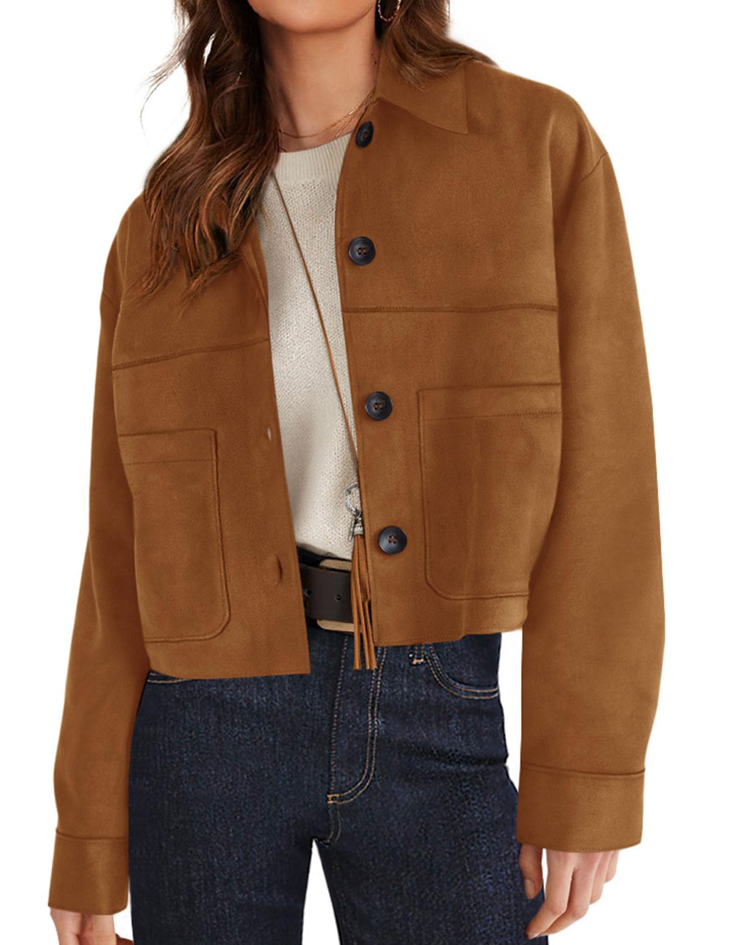 PRETTYGARDEN Women's Faux Suede Cropped Jacket Casual Lightweight Fall Fashion Winter Coats Outerwear Trendy Clothes