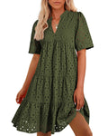 BTFBM Womens Boho Summer Dresses Spring V Neck Short Sleeve Hollow Out Lace Ruffle Casual Beach Mini Vacation Dress