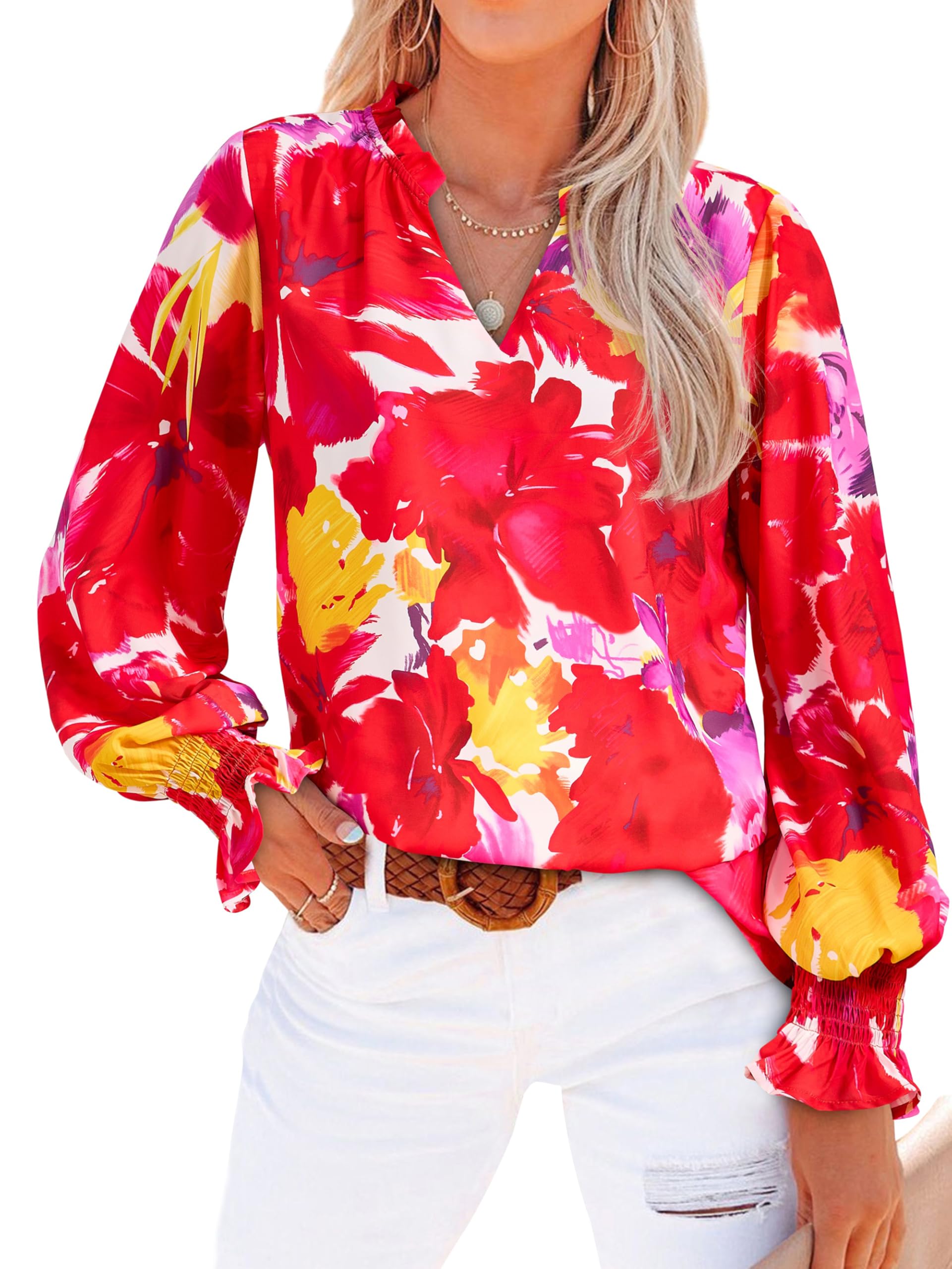 FreshPretty Womens V Neck Floral Long Sleeve Tops Summer Casual Loose Puff Sleeve Chiffon Boho Work Blouse Dressy T Shirts