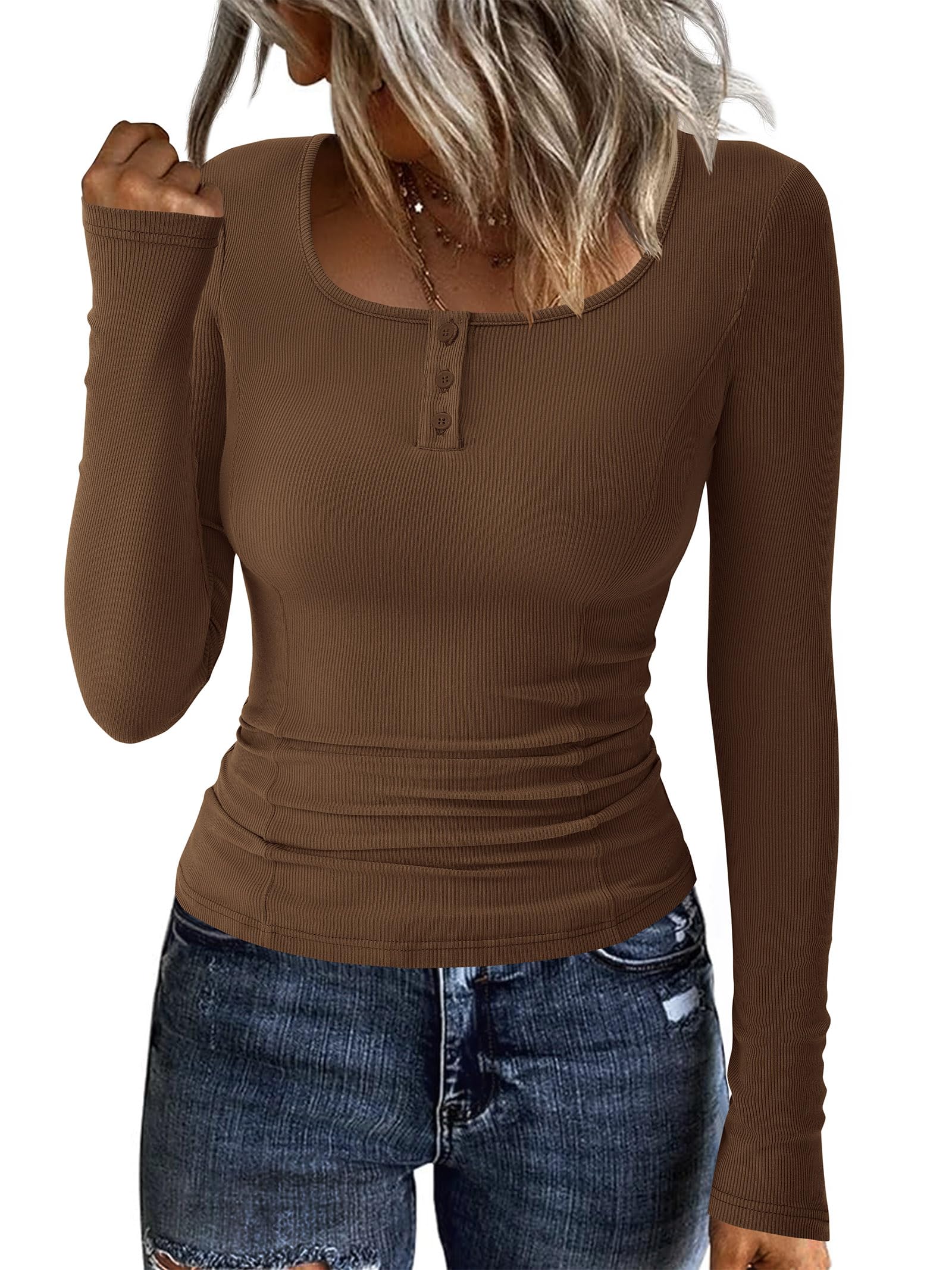 FreshPretty Womens Long Sleeve Tops Casual Ribbed Knit Henley Button Down Shirts Slim Fit Workout Basic Tees Fashion Clothing