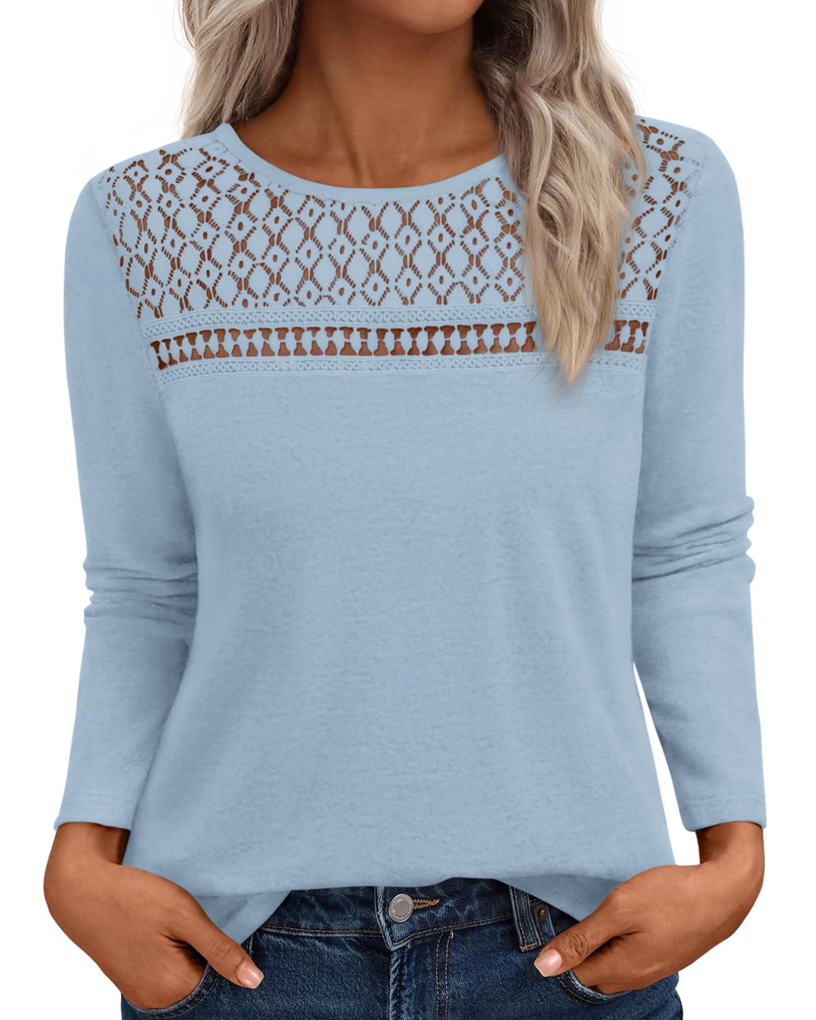 FreshPretty Lace Long Sleeve Shirts Womens Tops Dressy Casual Knit Boho Lightweight Blouses Winter Clothing Fall Fashion