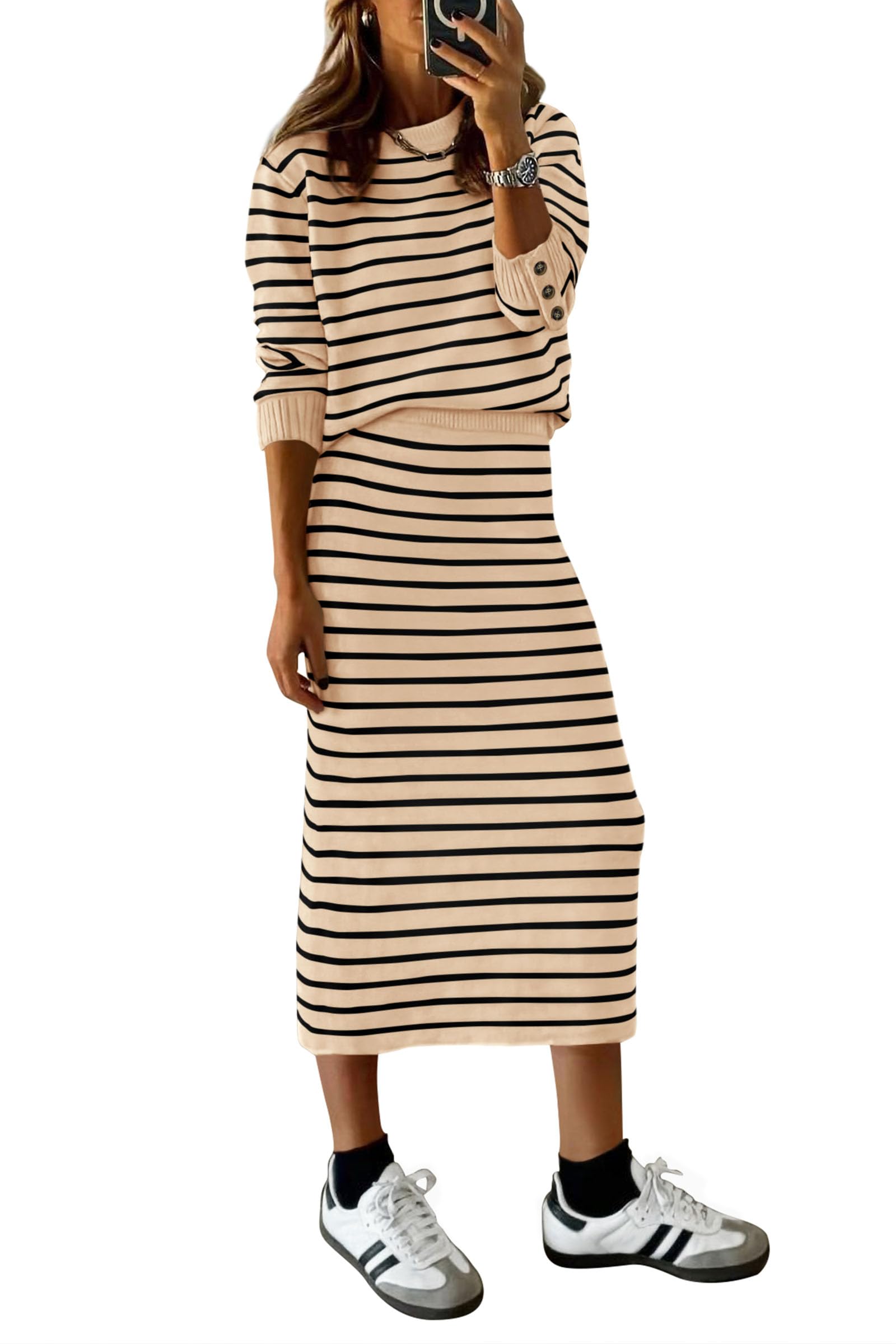 PRETTYGARDEN 2 Piece Skirts Sets For Women Fall Fashion Striped Sweater Dress Knit Lounge Travel Outfits Winter Clothing