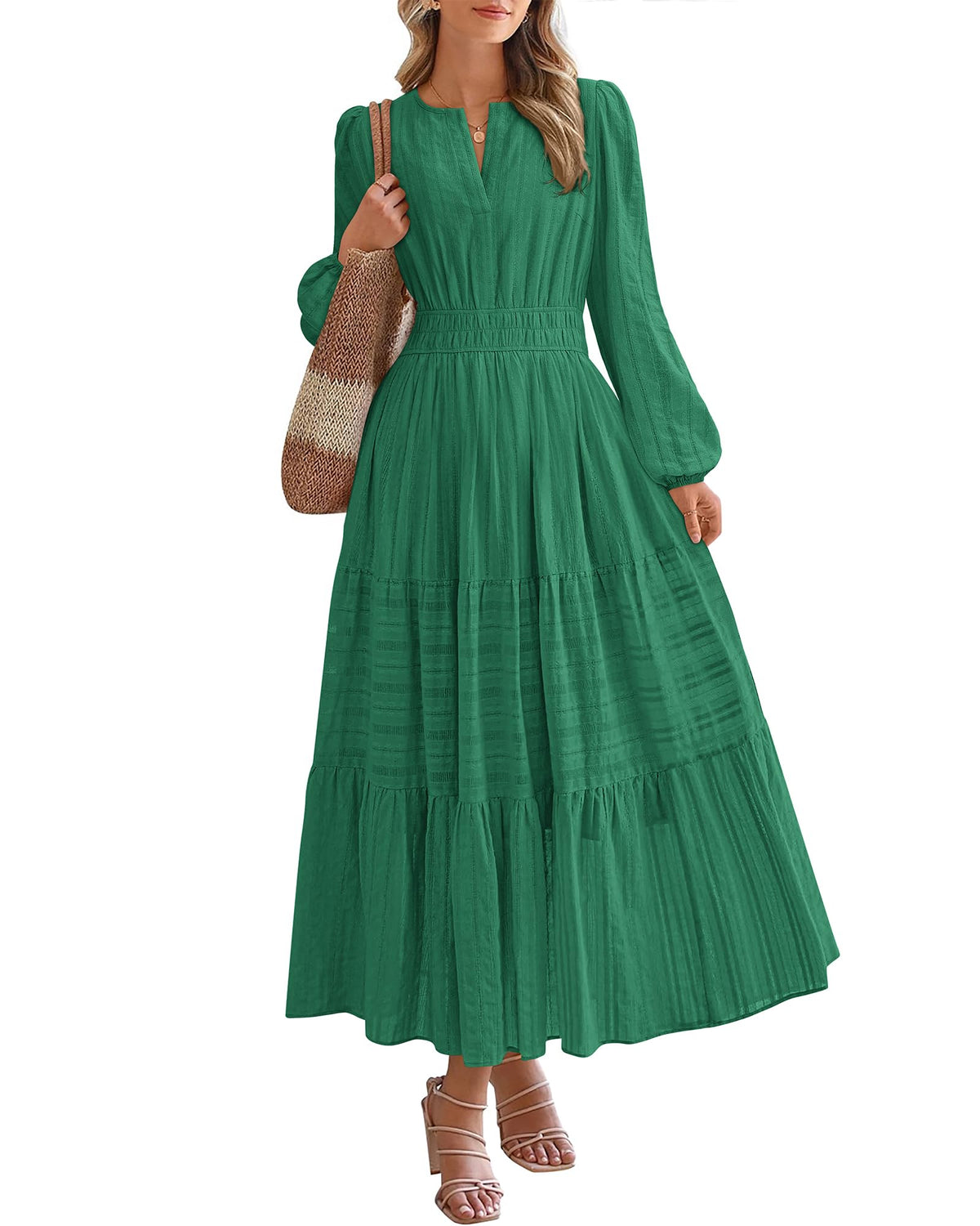BTFBM Spring Dresses for Women 2026 Casual Long Sleeve V Neck Elastic Waist Lightweight Maxi Wedding Guest Dress Pockets