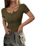PRETTYGARDEN Women's  Fall Summer Short Sleeve Tops Ribbed Henley Button Slim Fit Basic Casual T Shirts Blouse Clothing