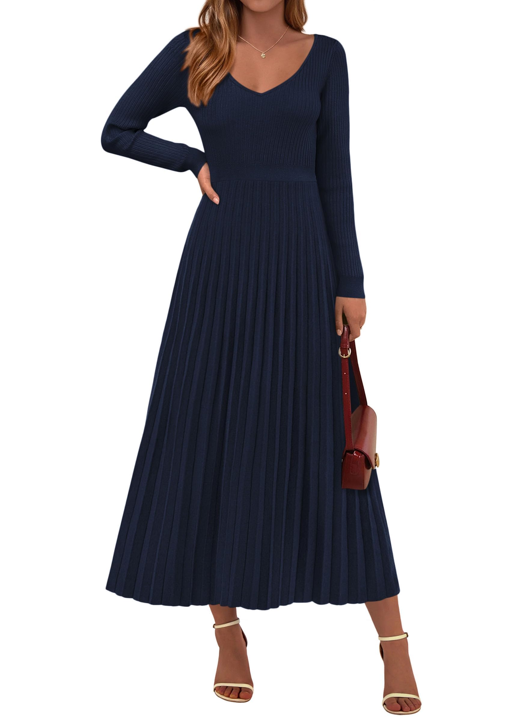 PRETTYGARDEN Women Sweater Dress Fall Fashion Long Sleeve V Neck Ribbed Knit Pleated A Line Elegant Maxi Winter Dresses