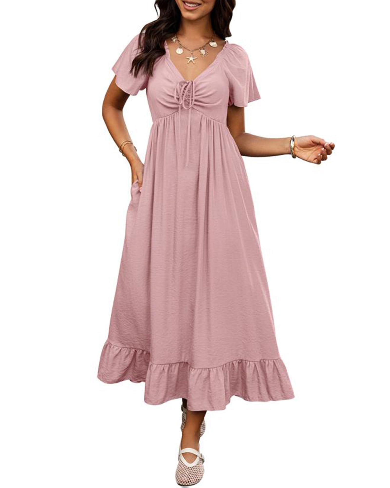 BTFBM Womens Spring Dresses Casual Short Sleeve V Neck Drawstring Wedding Guest Maxi Dresses Boho Beach Long Dress