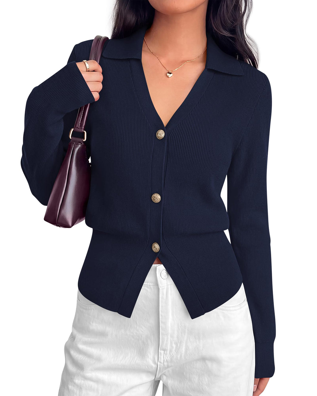 BTFBM Women Long Sleeve Lightweight Cardigans Knitted Button Down Shirts Lapel V Neck, Cropped Sweaters, Slim Fit, Ribbed, Y2K Going Out Tops, Business Casual Outfits, Spring, Fall, Winter Layering