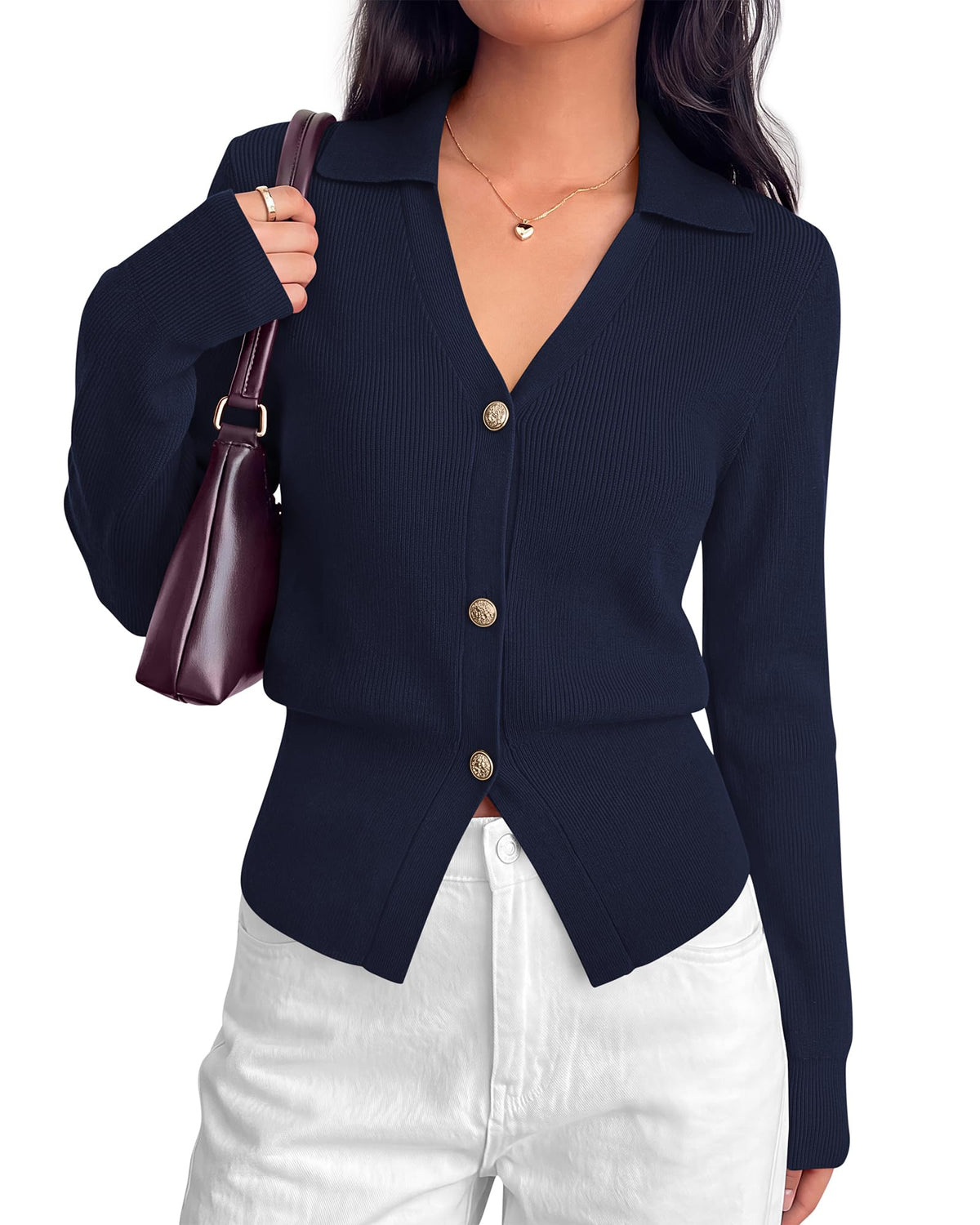 BTFBM Women Long Sleeve Lightweight Cardigans Knitted Button Down Shirts Lapel V Neck, Cropped Sweaters, Slim Fit, Ribbed, Y2K Going Out Tops, Business Casual Outfits, Spring, Fall, Winter Layering