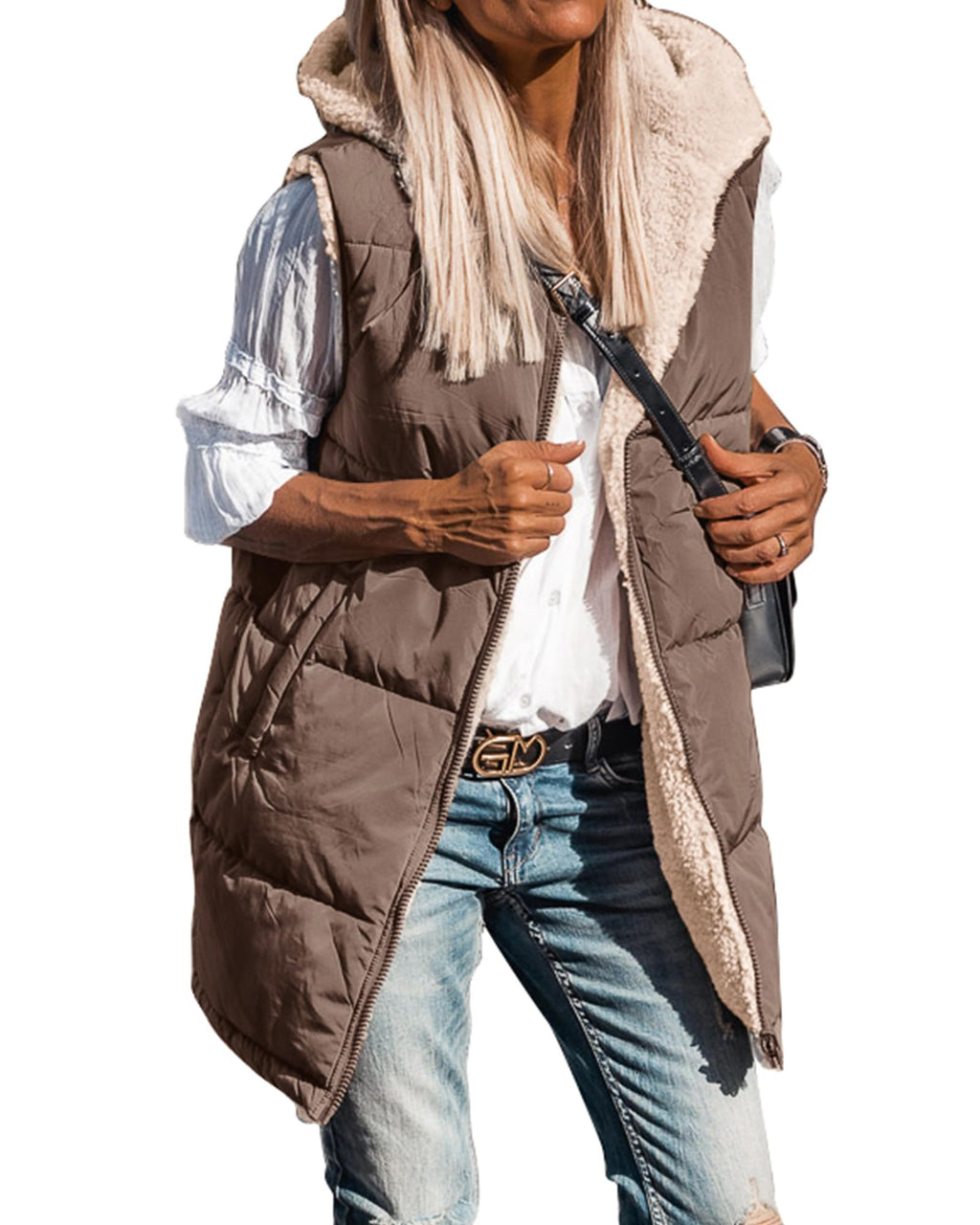 BTFBM Long Puffer Vest Women Fleece Sherpa Jacket Sleeveless Hooded Reversible Zip Up Winter Coat Fall Vests Outerwear